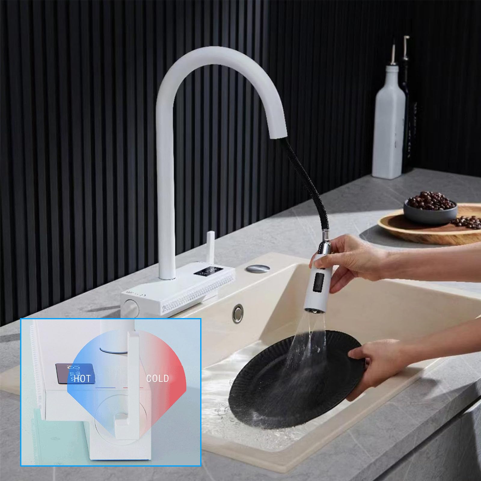 Nowoczesna, obracana o 360° armatura kuchenna z wodospadem z cyfrowym wyświetlaczem temperatury i 4 trybami ogrzewania/zimnej wody – elegancki, mleczno-biały design