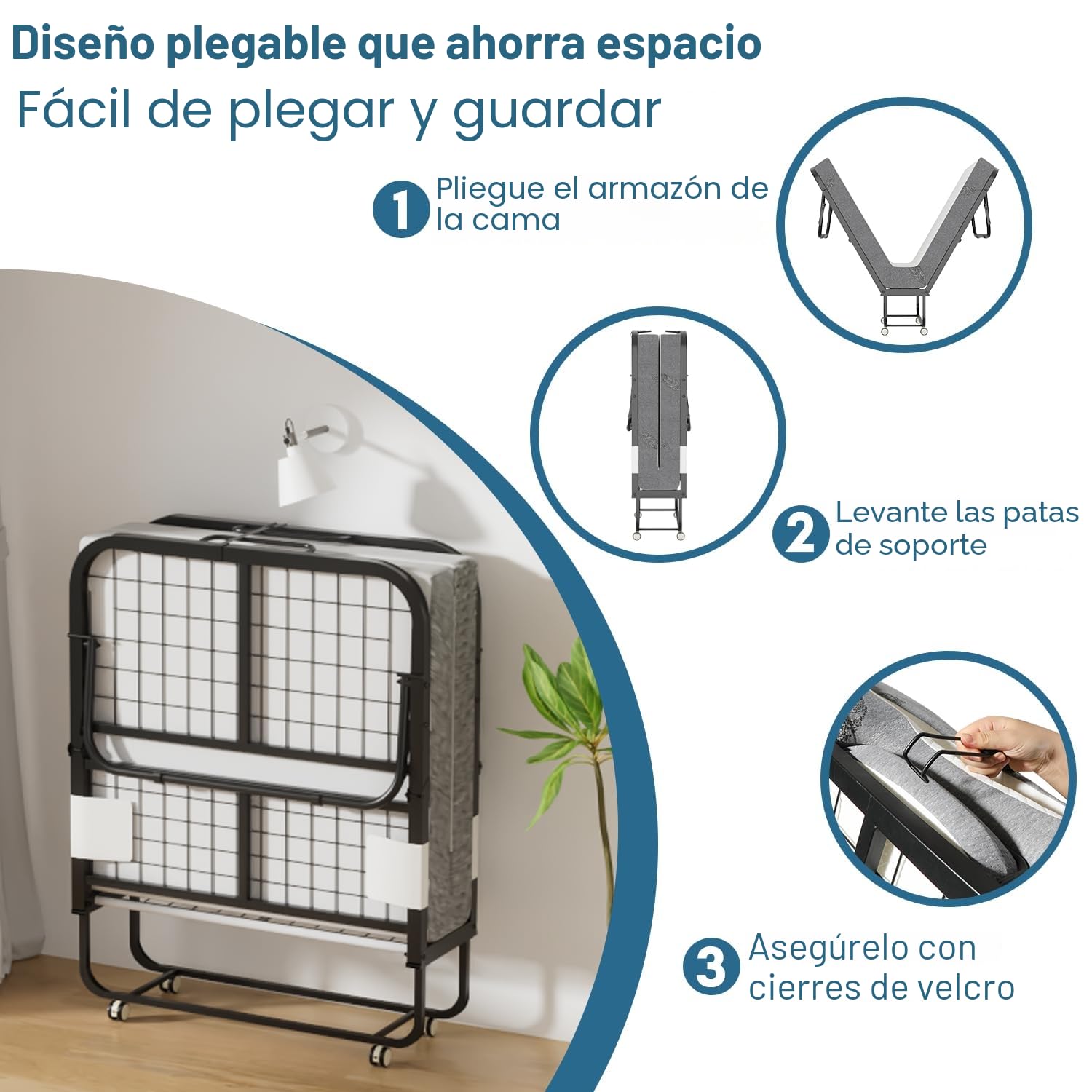 Daromigo Cama plegable de 90 x 200 cm, colchón 13 cm, individual metálica 4 ruedas, 150 kg, dormitorio/salón