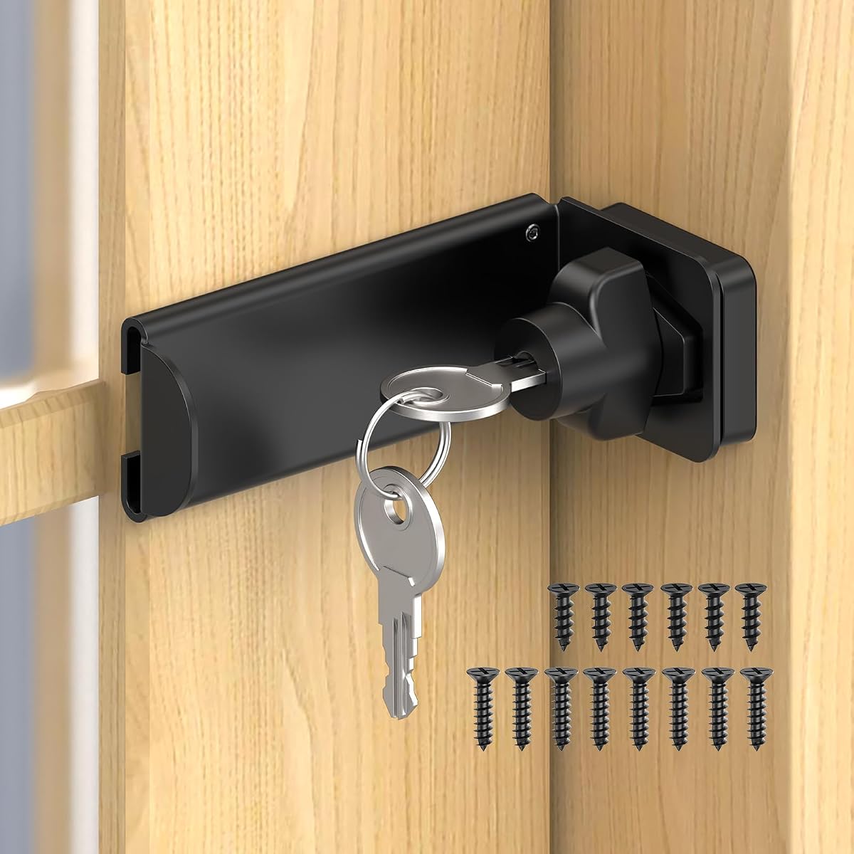 90 Degree Barn Door Locks with Key, Sliding Hasp Latch- Black | 3.3 Inch Thickened Heavy Duty Latch for Home Security, Inward Opening/Closet/Shed/Barn Door, Cabinet