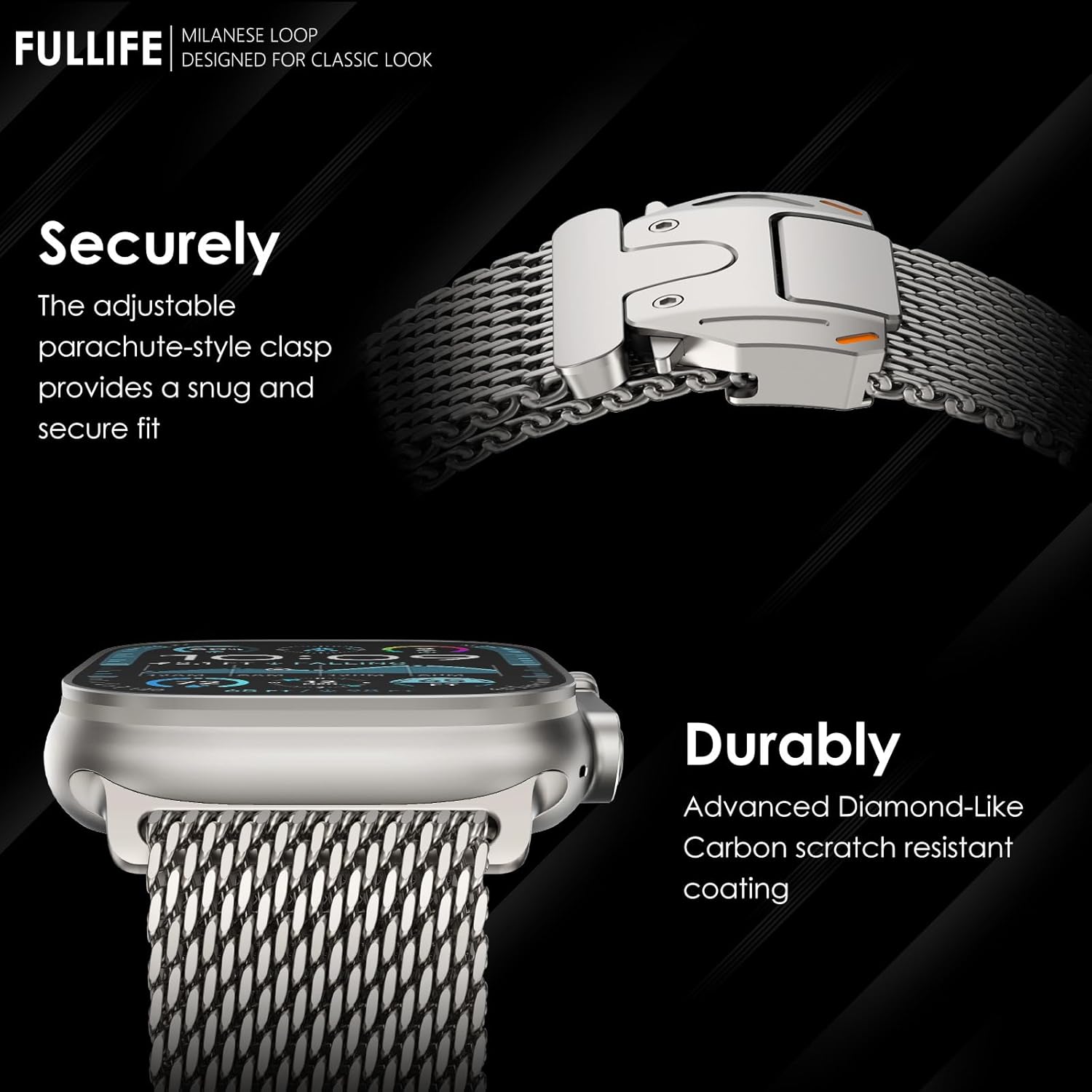 FULLIFE Milanese Mesh Loop for Apple Watch Band Apple Watch Ultra 3/2/1 Band 49mm 46mm 45mm 44mm Men Women, Stainless Steel Metal Band Parachute-style Buckle for iWatch Series 11 10 9 8 7 6 SE3 5 4 3