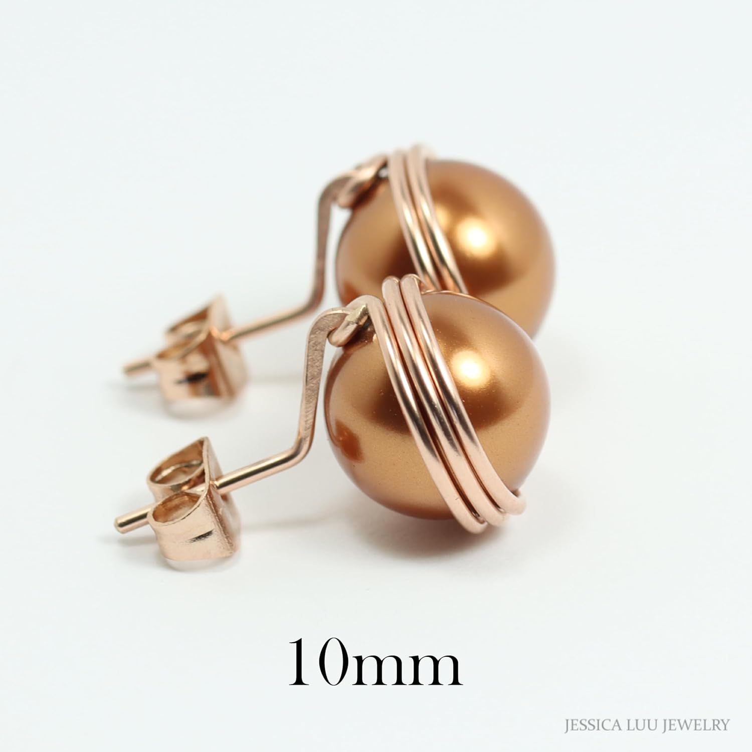 Jessica Luu Jewelry Rose Gold Copper Pearl Stud Earrings Wire Wrapped Handmade