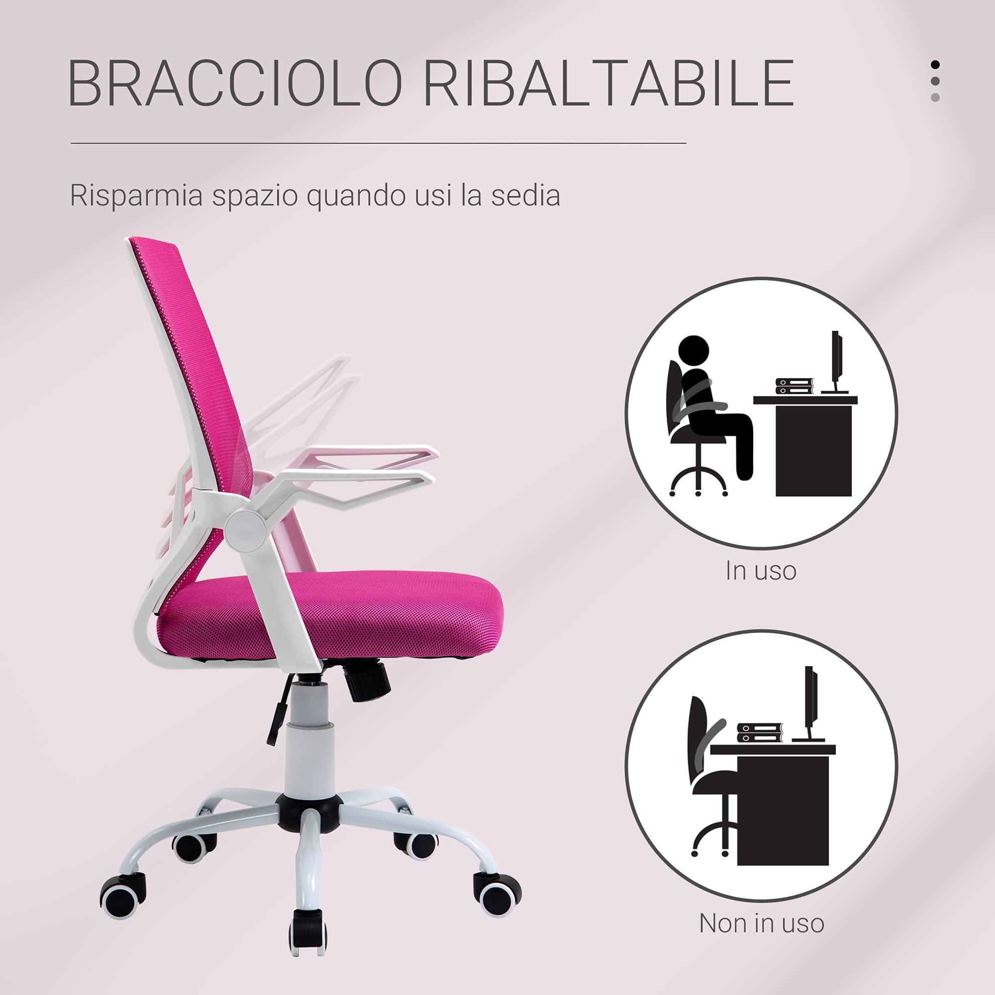 Vinsetto Sedia da Ufficio Ergonomica con Supporto Lombare 120kg Rosa | Braccioli Pieghevoli, Sedia da Scrivania Girevole, Rete Traspirante, Schienale Reclinabile, Altezza Regolabile