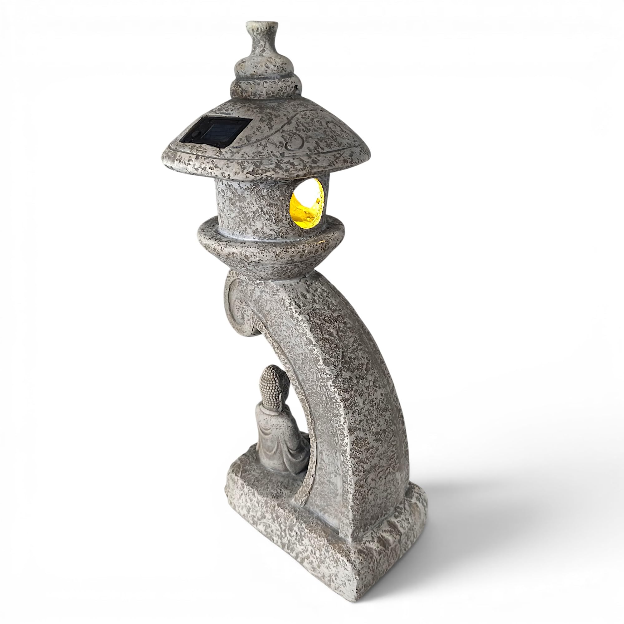 Arnusa Lampe solaire de jardin pagode 60 cm - Lampe de jardin LED aspect pierre avec Bouddha - Blanc chaud - Lanterne solaire pour jardin, terrasse et étang