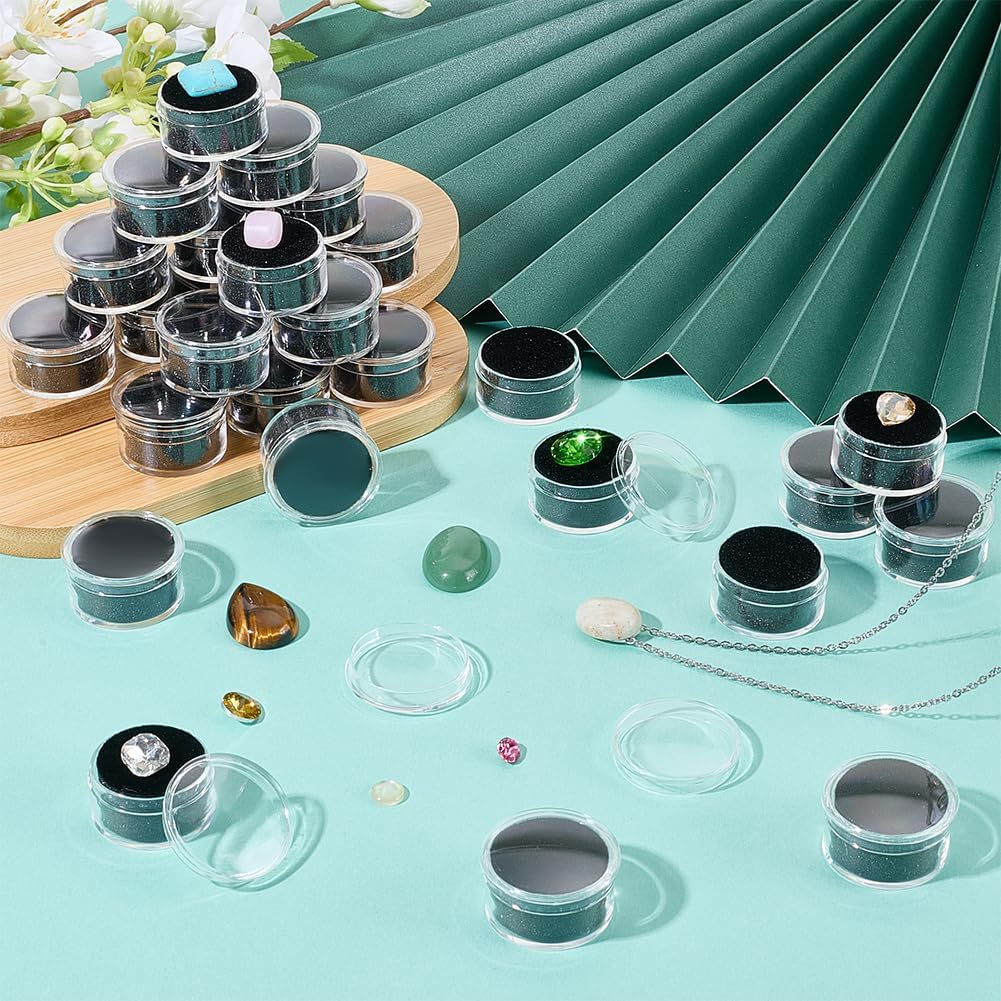 PH PandaHall 144pcs Plastic Gem Jars Display Case 1.2x0.7 Round Jewelry Storage Organizer Box with Black Sponge for Gemstone Gatherion Rock Beads Craft Showcase Party Shop Decoration