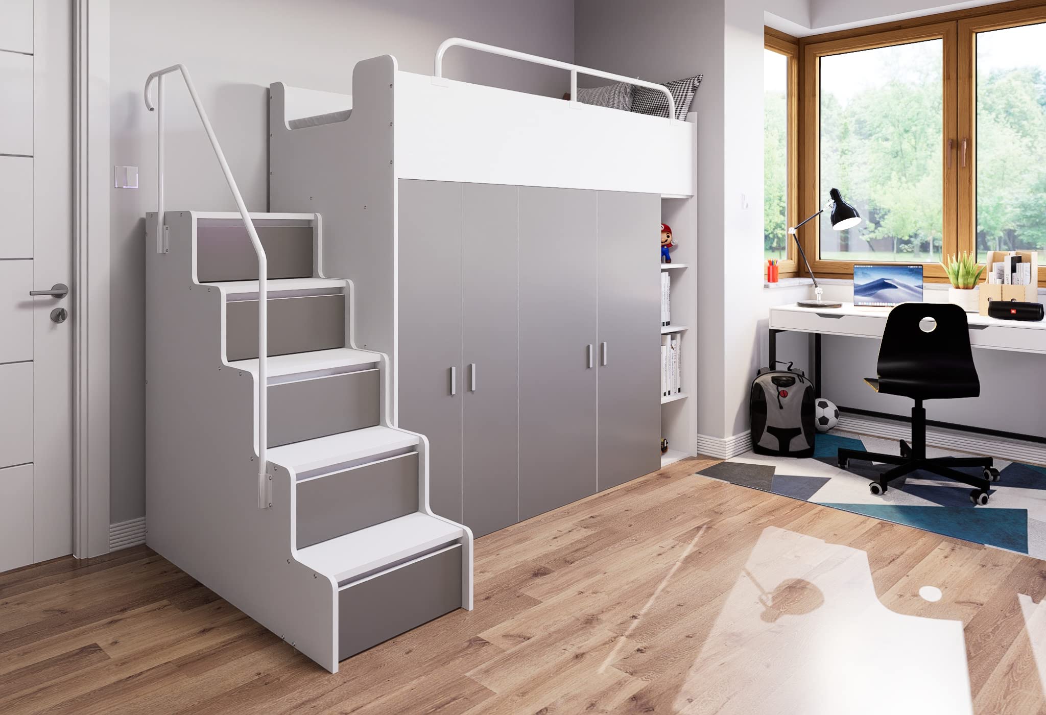 Hochbett Kinderbett JSM-2 80x190 mit Zwei Kleiderschränken, Bücherregal und Treppe Matt Etagenbett Stockbett Jugendhochbett (Graphit)