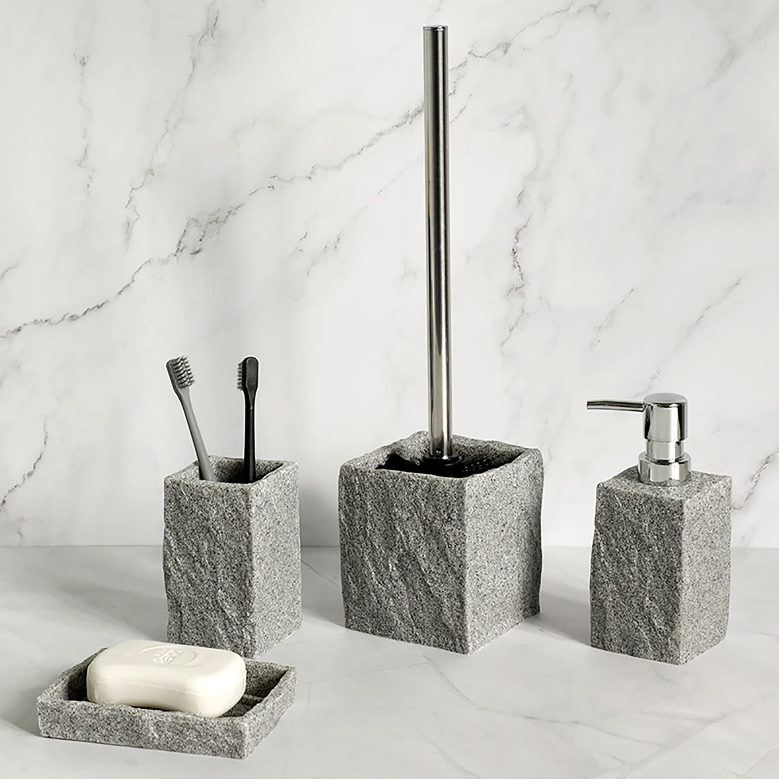 Juegos de Accesorios de baño, Simple Resina Acesorios Cuartos de Baño 4 Piezas con Escobillas de Baño Dispensador Jabon Baño Jabonera Baño Porta Cepillo de Dientes Mármol