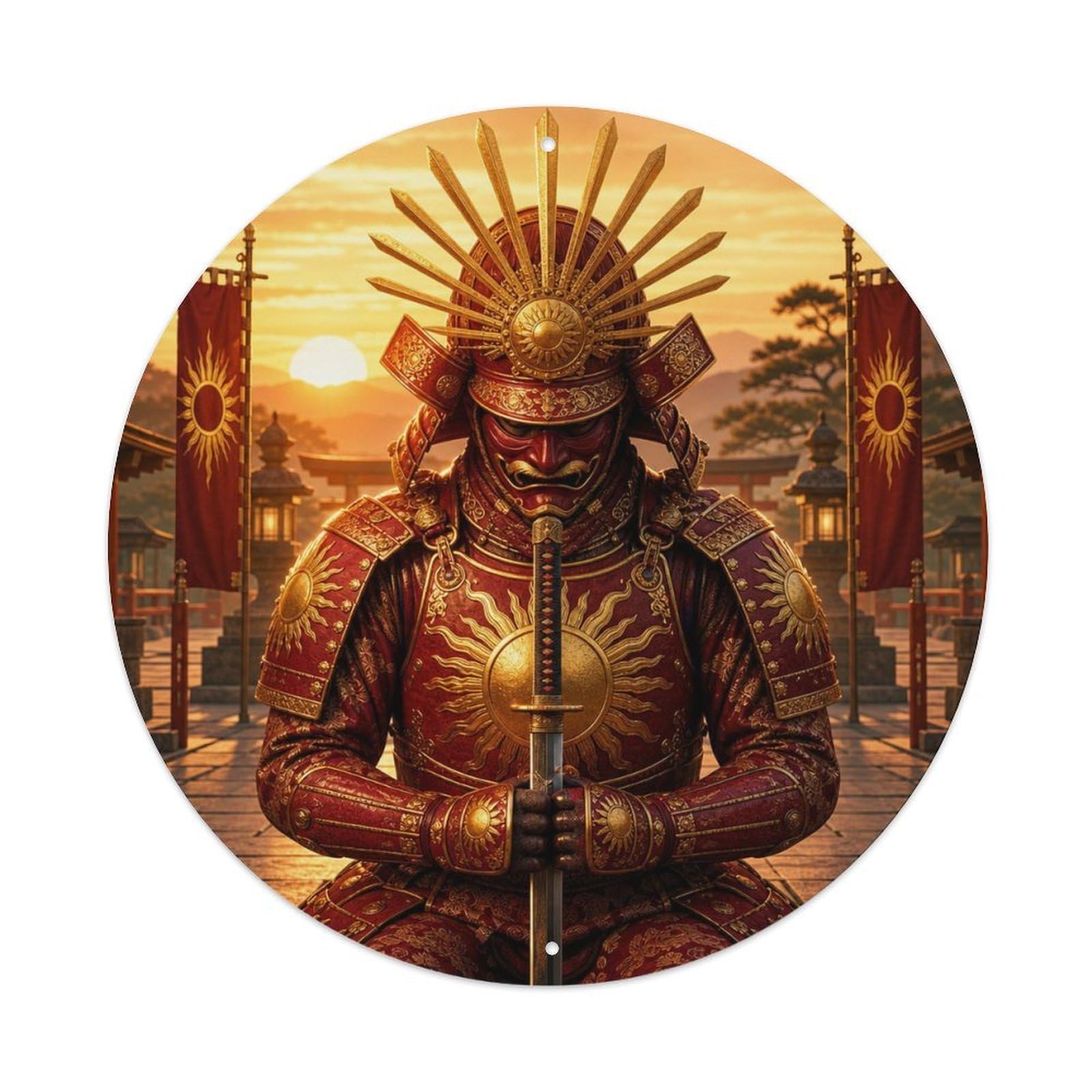 Olyhtr 8X8inch Classic Style Dark Crimson Dawn Kneeling Honor Sword Samurai Crest Metal Tin Sign