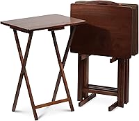 Vista 10 de PJ Wood Juego de 5 piezas, 4 mesas plegables de madera para TV con estante de almacenamiento, nogal