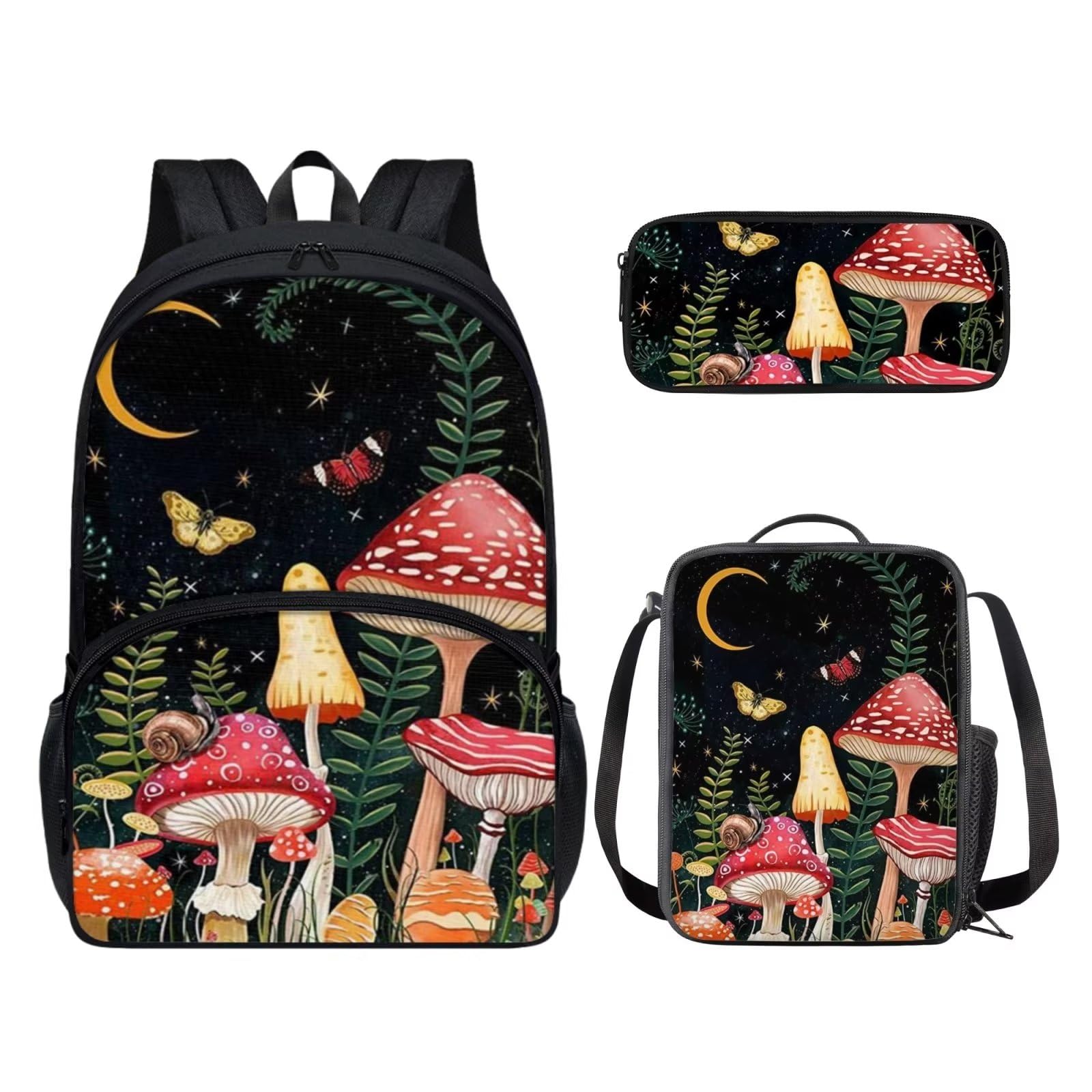 POLERO Juego de 3 bolsas escolares con impresión 3D para el almuerzo, estuche para lápices, Seta mariposa, Talla única, Mochila infantil