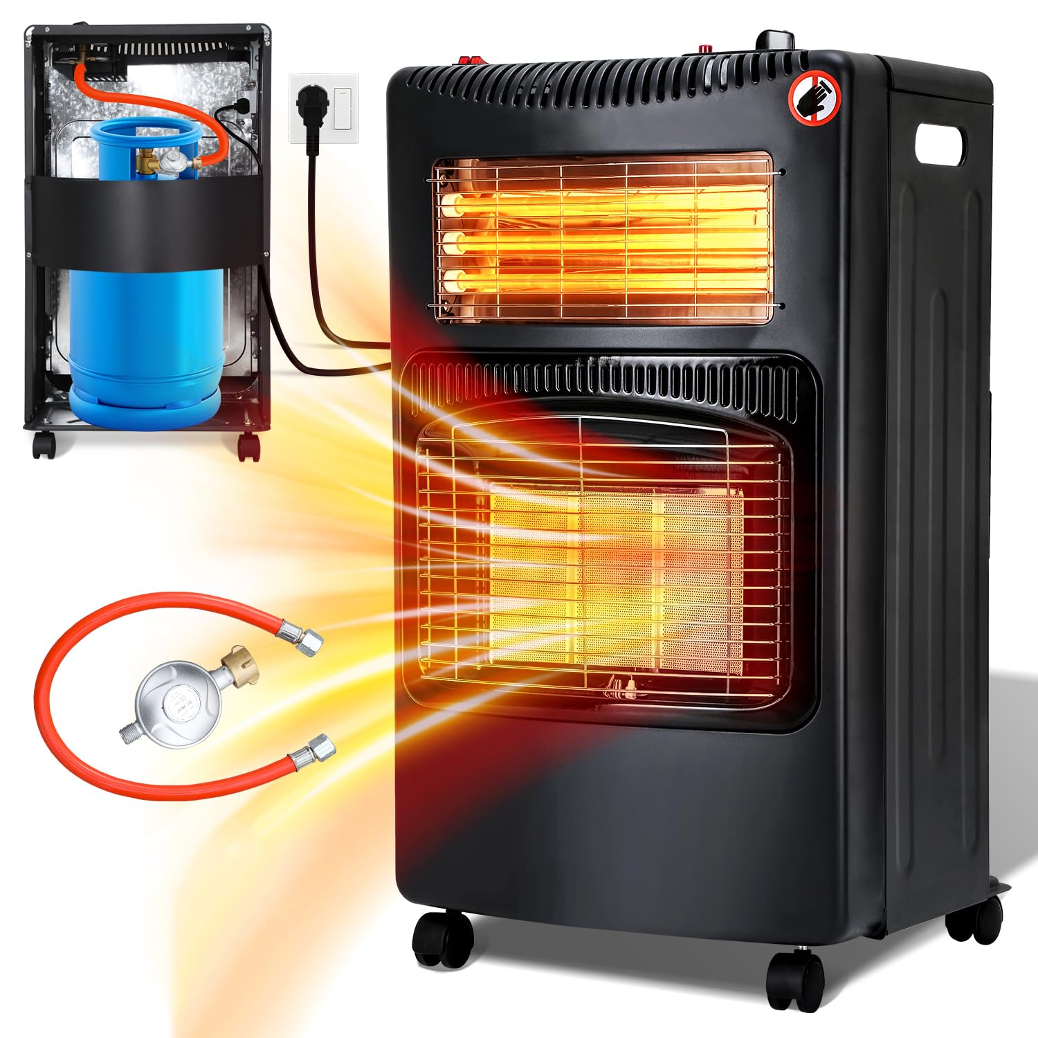 Keramische Gasheizung für Innenräume 4200W + 1260W Infrarot Heizelement, 3 Heizstufen, Gasdruckregler eingebaut, Butan- 