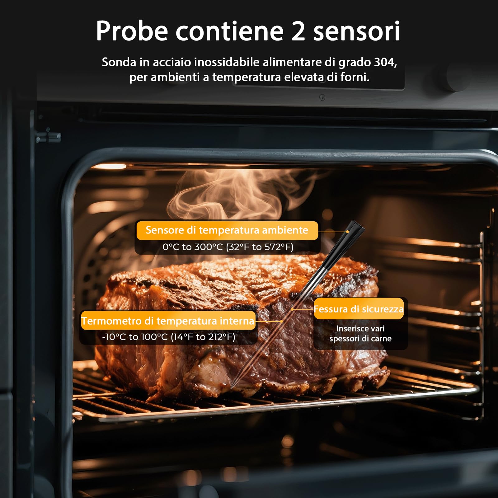 BlueSwan Termometro Carne Wireless con 2 Sonde IP67, Lavabile in Lavastoviglie, LCD Display, Scatola Magnetica Allarme Temperatura, 150m Bluetooth APP con 9 Modalità, per BBQ, Forno, Cucina, Camper