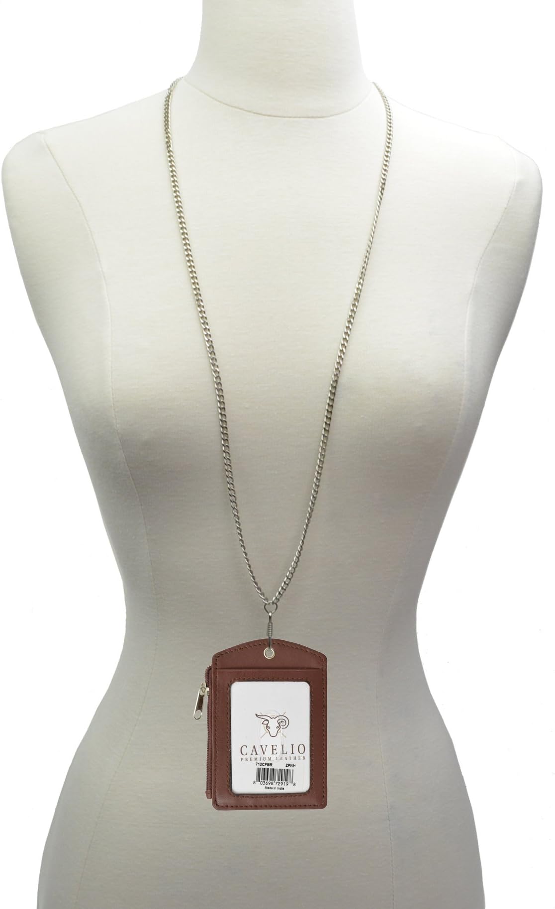 ID Lanyard Leather Badge Holder with Chain Neck Strap (Brown)