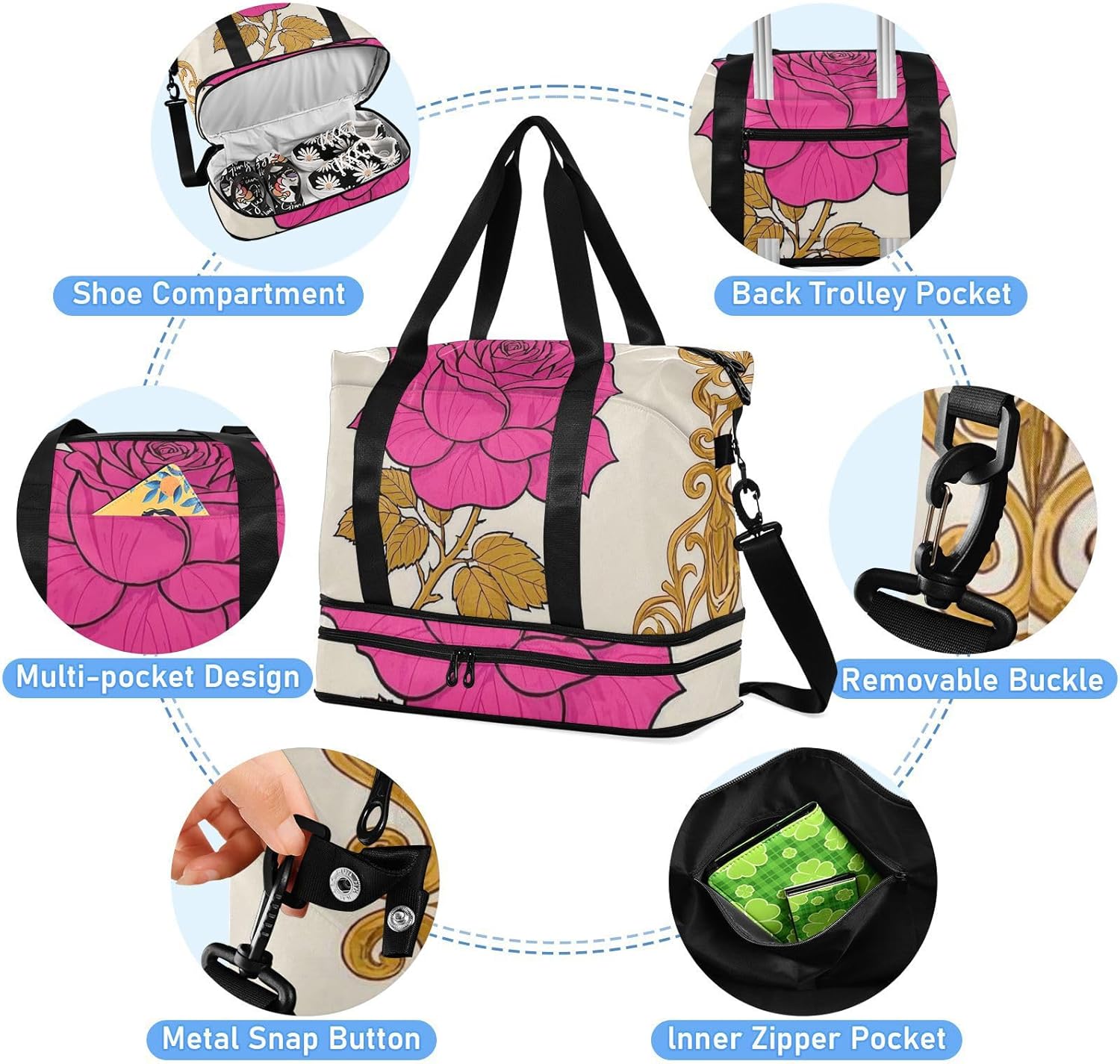Elegant Rose Floral Peach Gold Gym Tote Bag Travel Overnight Carry on Bag with Toiletry Bag for Trip Waterproof