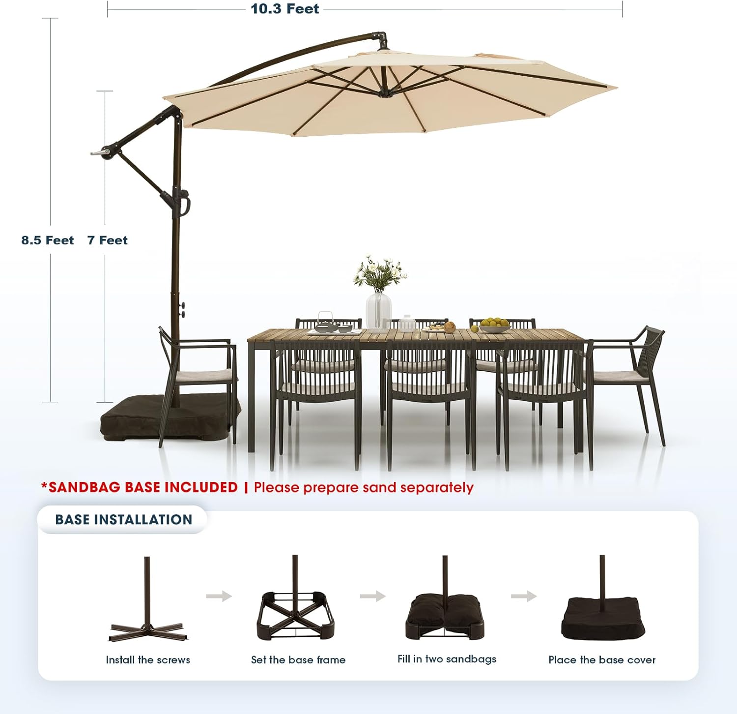 wikiwiki 10ft Patio Umbrella with Base Included, Outdoor Offset Cantilever Umbrella with Sandbag Base for Backyard, Garden and Pool, Easy to Tilt and Crank, Beige - Image 6