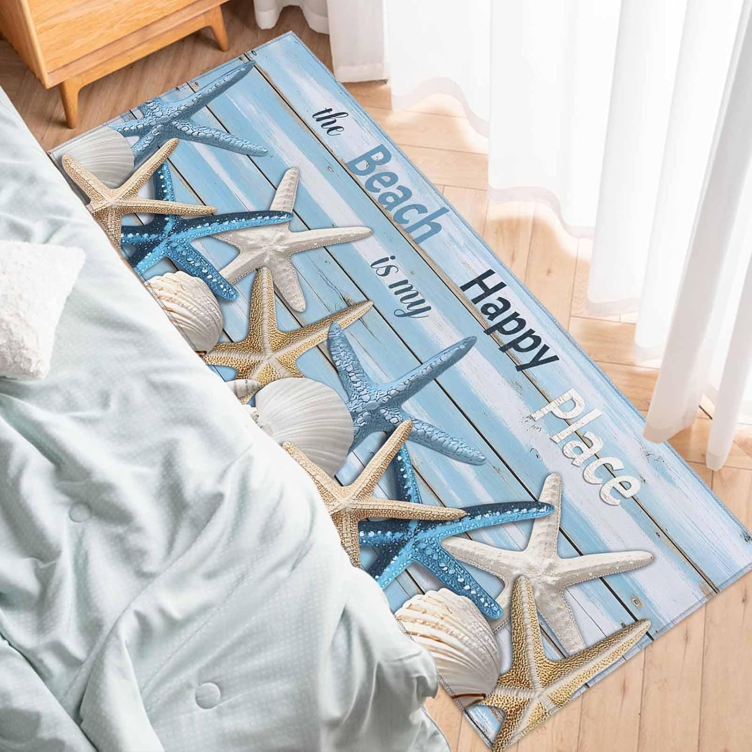 2 Pieces Kitchen Rugs and Mats,Summer Beach Shell Starfish Area Runner Rug Set Non Slip Floor Doormat Washable Carpet Standing Mat for Kitchen Sink Indoor Corridor,Vintage Rustic Blue Wooden