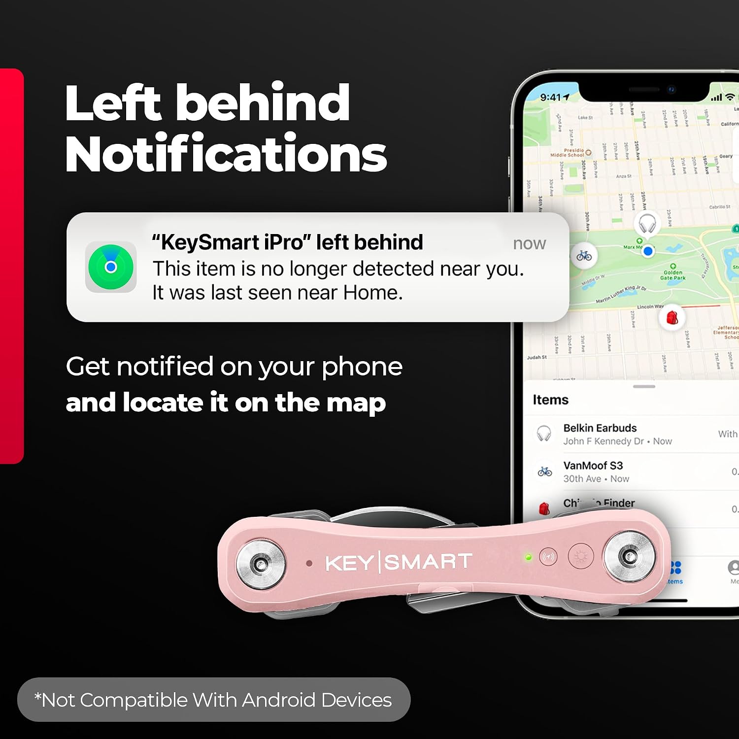 KeySmart iPro Key Finder Locator with Sound - Keychain Key Holder, Apple Find My App Compatible, Key Organizer, Compact Clutter-Free Key Chain Tracker, Tech Gifts for Women (Up to 14 Keys, Rose Gold)