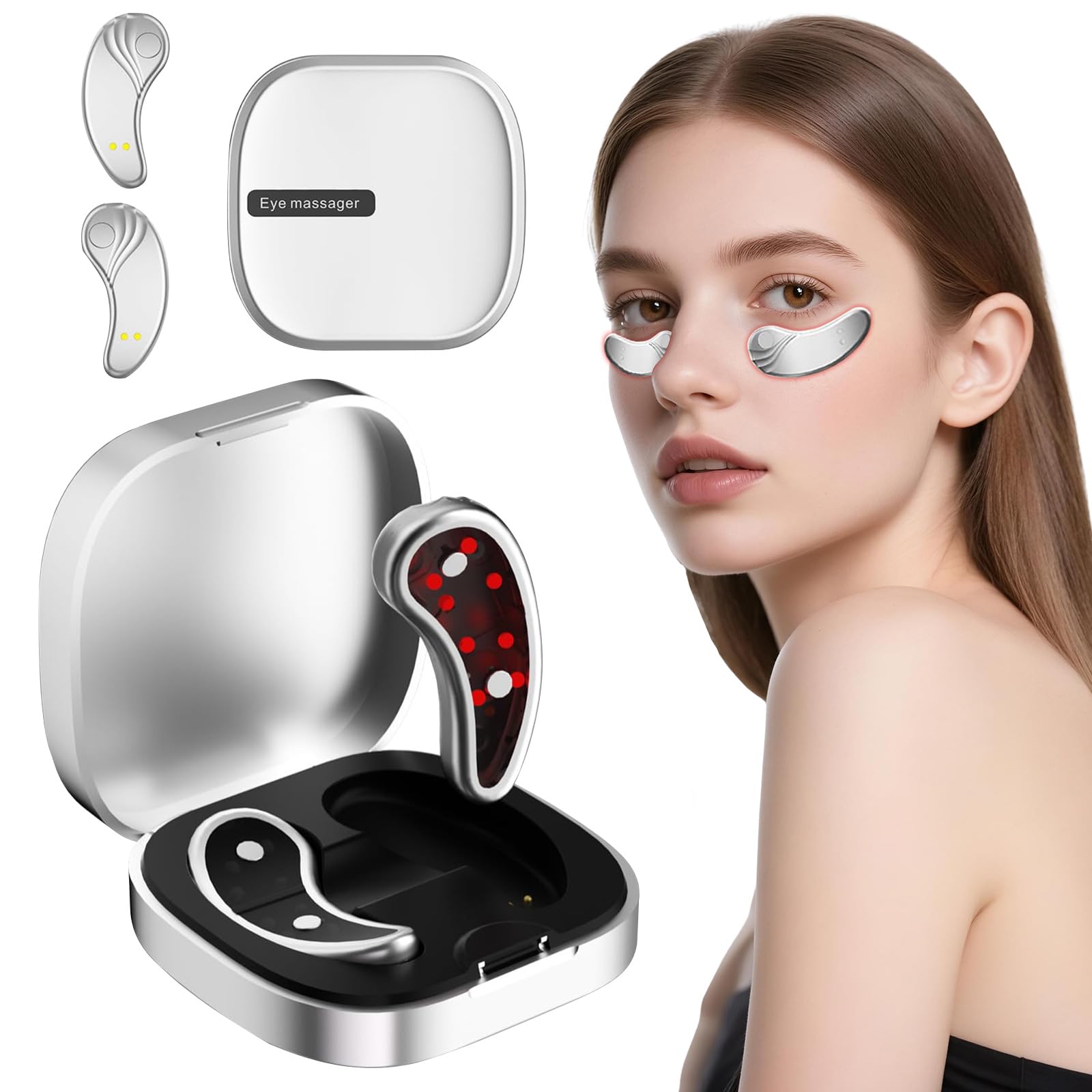 Rotlicht Augenmassagegerät, Eye Massager mit Rotlicht Maske Wärme, Elektrisches Eye Beauty EMS Augenpads, Glow Pads Augen Massagegerät Alltagstauglich, Elektrisch Augenpads Anti Falten