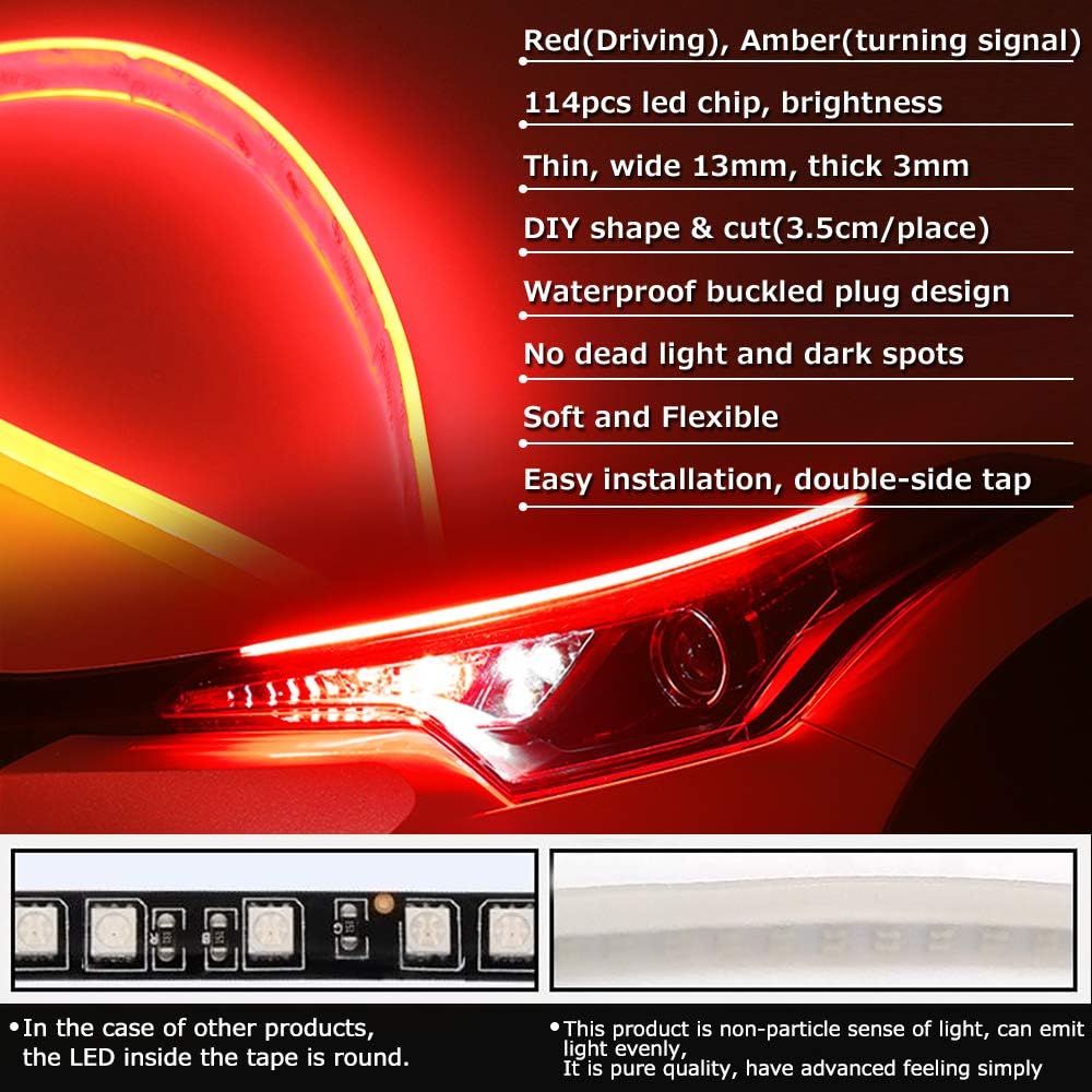 OPP ULITE Red Amber LED Strip Light 2Pcs 23 Inches 114 PCS Led Chip Dual Color Waterproof Car Flexible Led Driving Light Strip Switchback Headlight and Turn Signal Light Tube Easy Paste Install