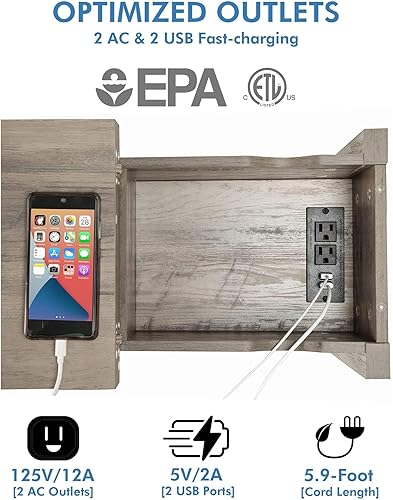 Miniatura 43 de Mesa auxiliar estrecha con estación de carga, mesa auxiliar delgada de granja, con puertos USB, mesa de noche con cajón de almacenamiento abatible,