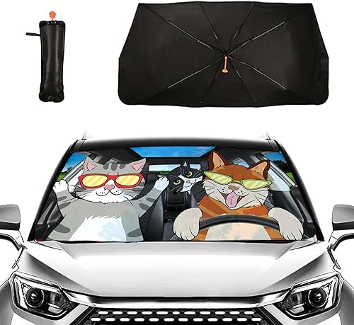 Firiseroh Parasol plegable para parabrisas de automóvil, con diseño de gatos divertidos, parasol plegable para ventana delantera del automóvil,