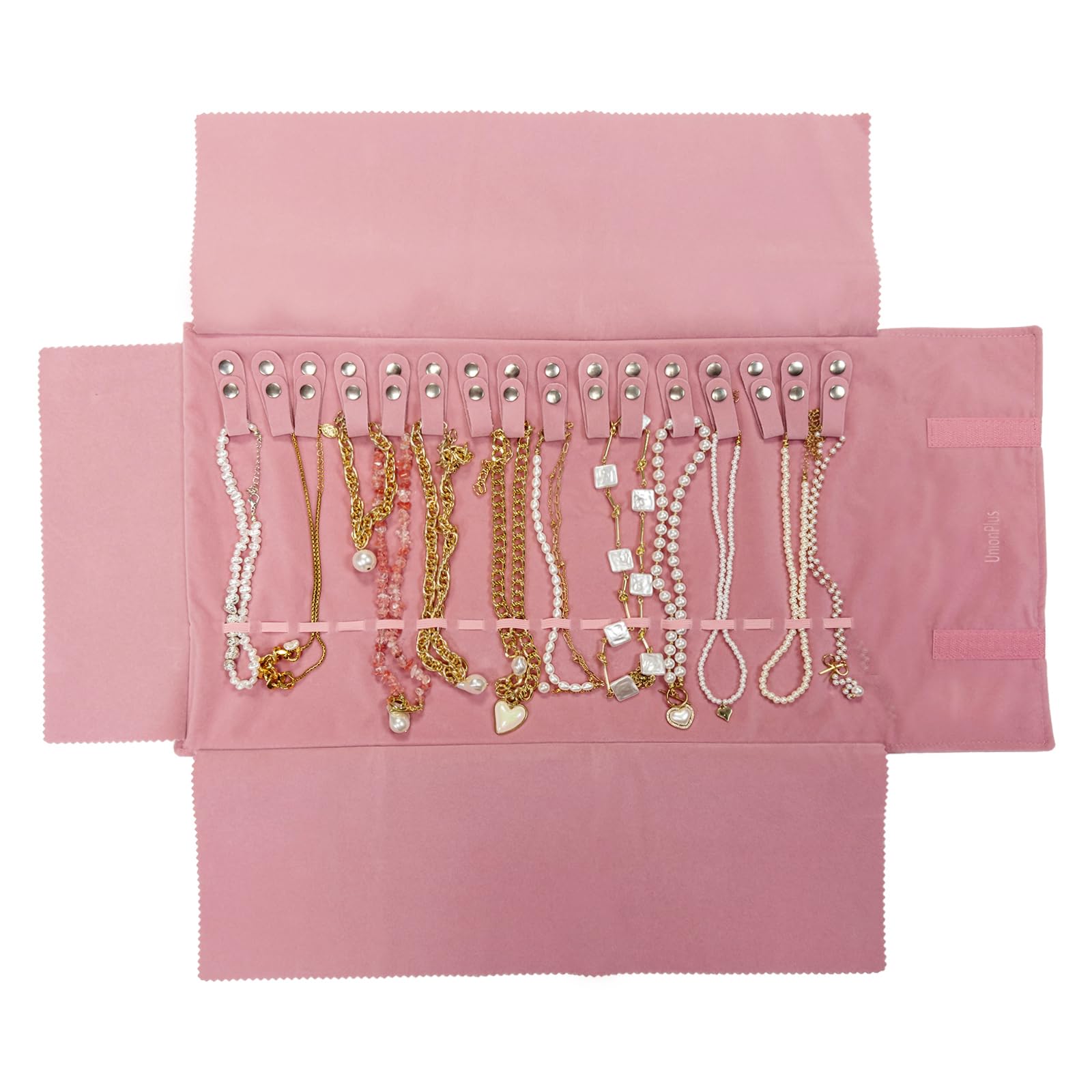 UnionPlus Velvet Travel Jewelry Roll Bag Organizer for Necklace, Elastic Band and Anti-winding, Blush Pink