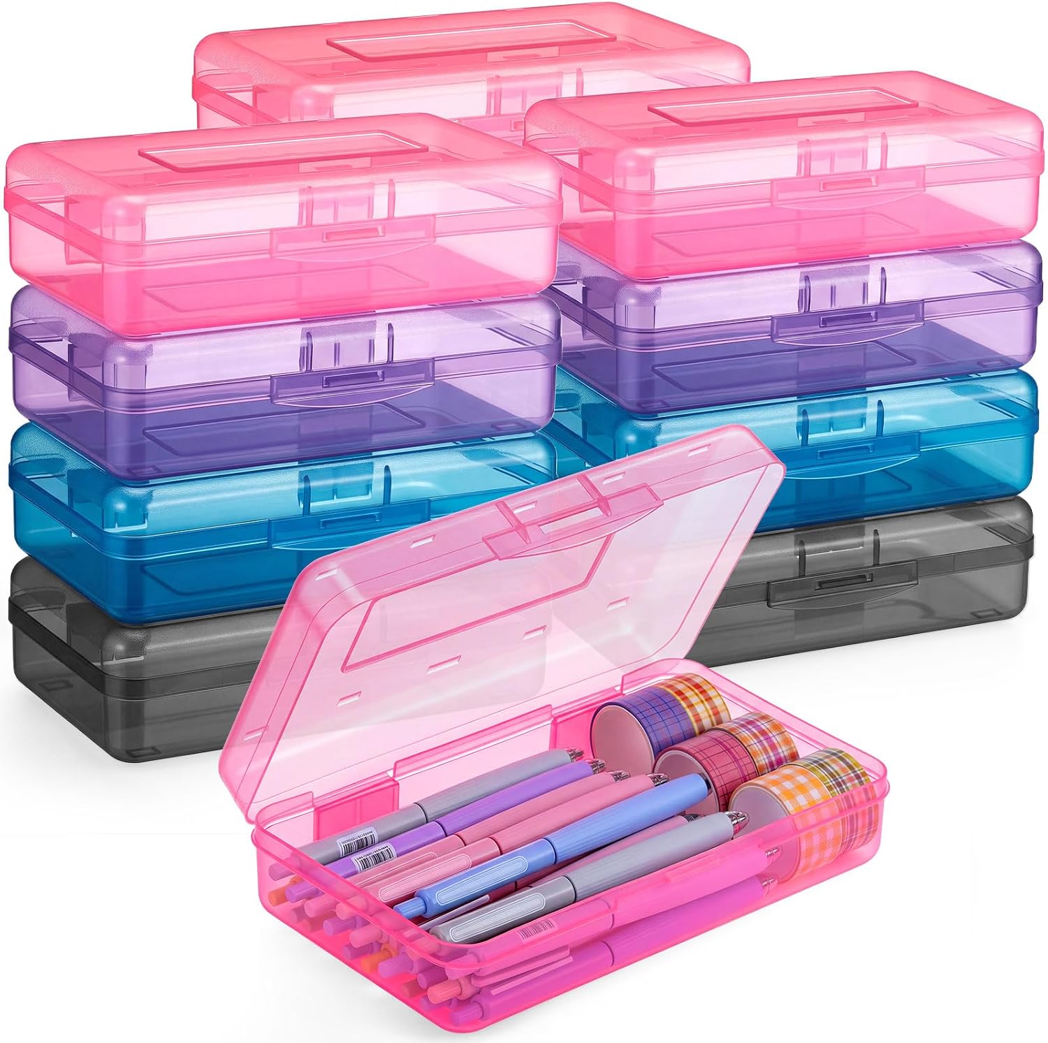 Fainne 12 Pcs Plastic Pencil Boxes Bulk,Clear Pencil Case,Dark Colors