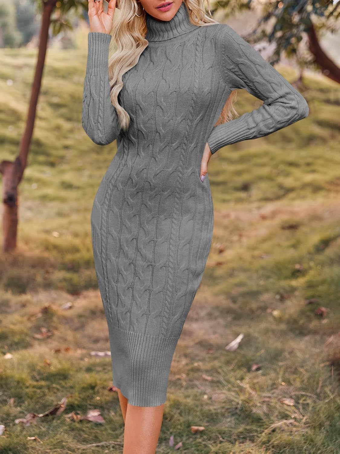 Fangetey Womens Long Sleeve Turtleneck Sweater Dresses Knitted Bodycon Midi Sheath Jumper Dresses - Image 2