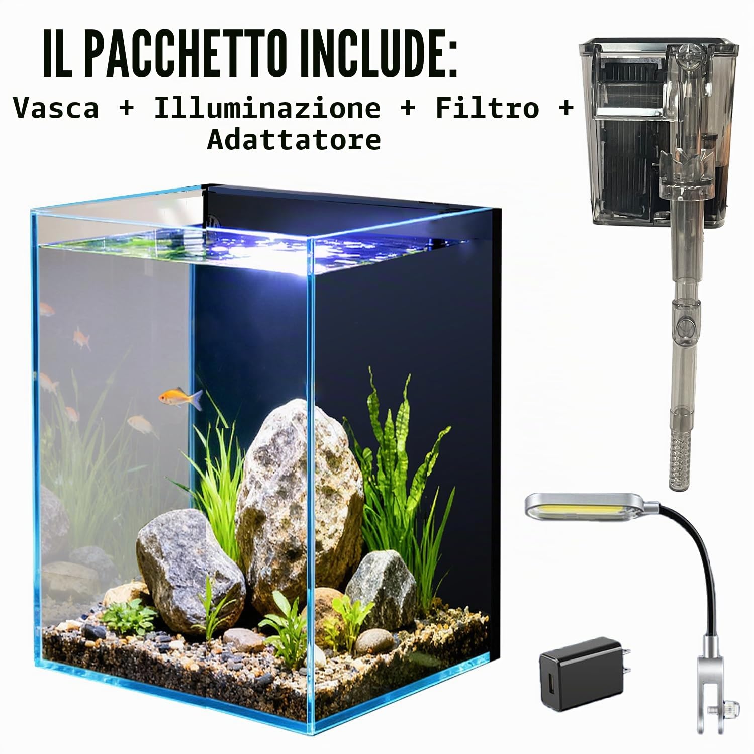 Kit di avviamento per acquario da 1,5 galloni, acquario in vetro nano con filtro, luce a LED per acquario piccolo Betta Aquascape fai da te