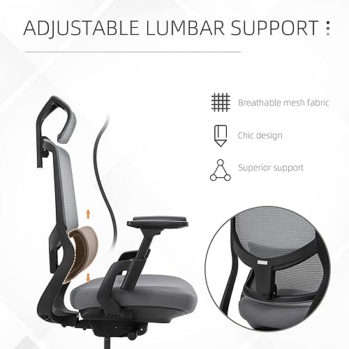 Miniatura 6 de Vinsetto Silla de oficina ergonómica de malla con respaldo alto con altura ajustable apoyabrazos soporte lumbar y reposacabezas grisnegro