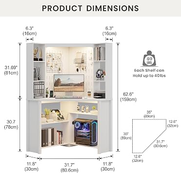 Corner Desk with LED Reading Lights, L Shaped Computer Desk with Hutch & Shelves, Triangle Home Office Desk w/ Charging Station for Work & Study, File Cabinet Storage Bookshelf for Small Space (White)