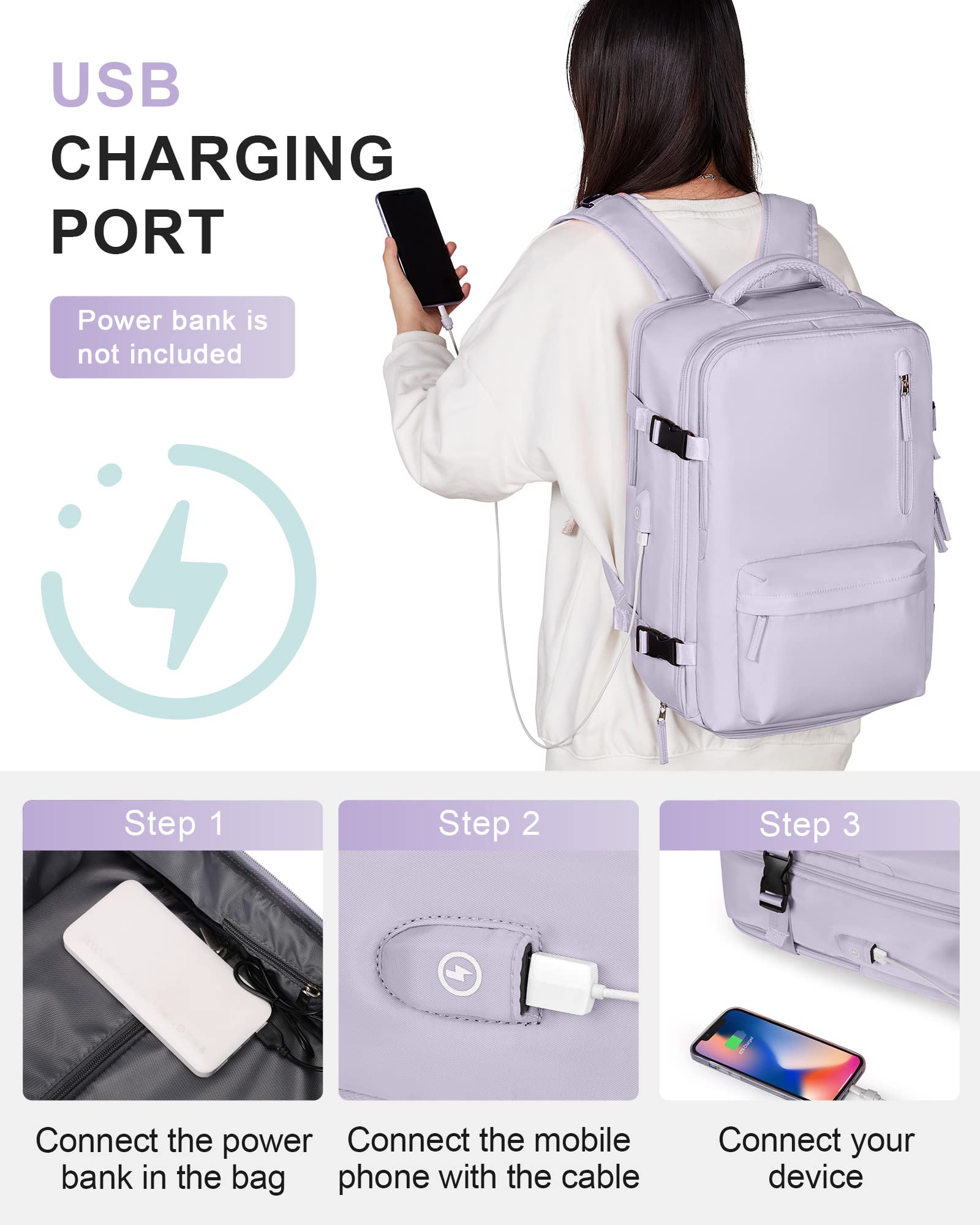 Zaino da Viaggio per Easyjet 45x36x20 Bagaglio a Mano Zaino Borse da Cabina per Ryanair Il Sedile Zaino Aereo Bagaglio a Mano Donna Borsa Cabina Viaggio Zaino Travel Viaggio Casual Daypack,A7-Viola