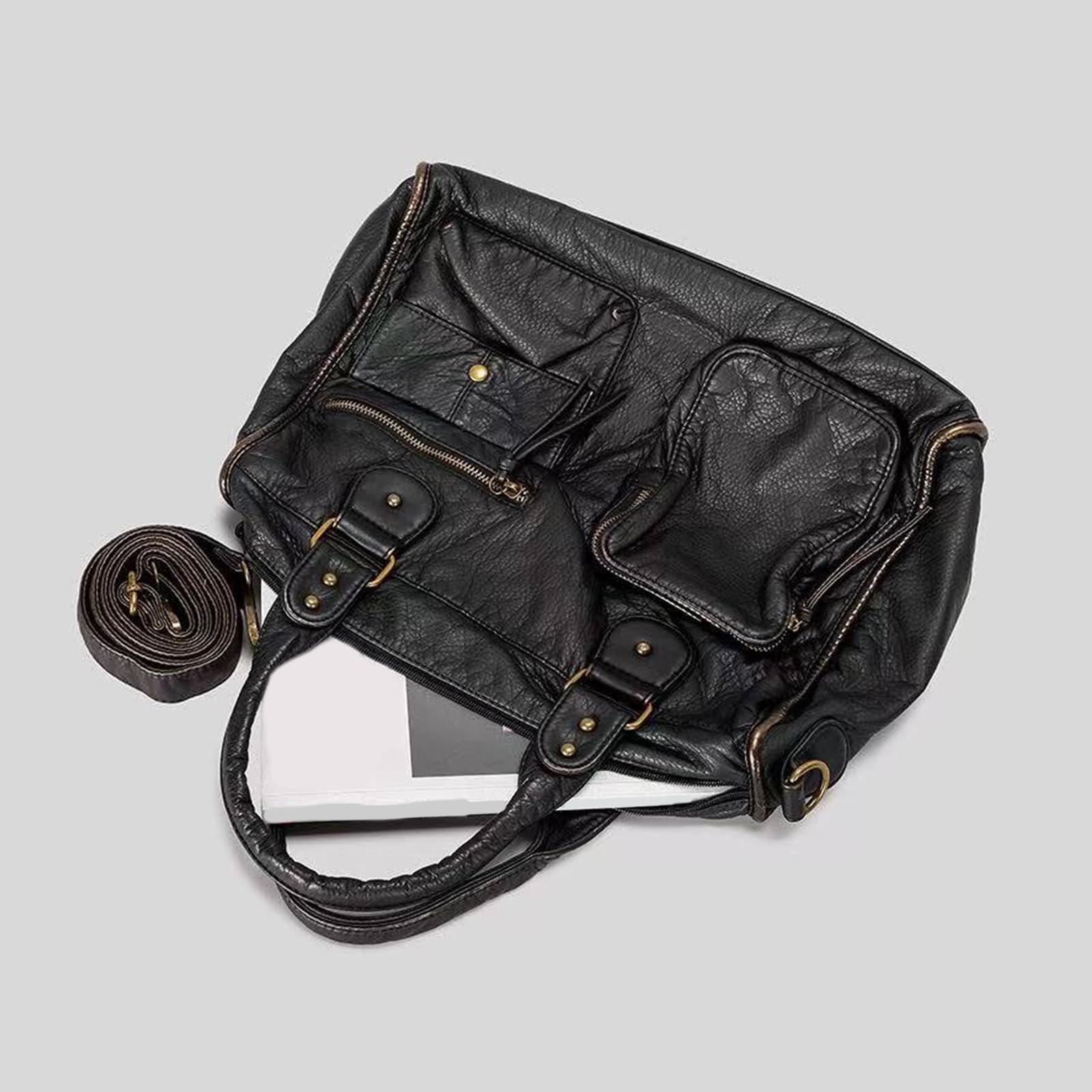 Bolso de mano de piel sintética de gran capacidad con asa superior bandolera con cremallera para oficina diaria salida