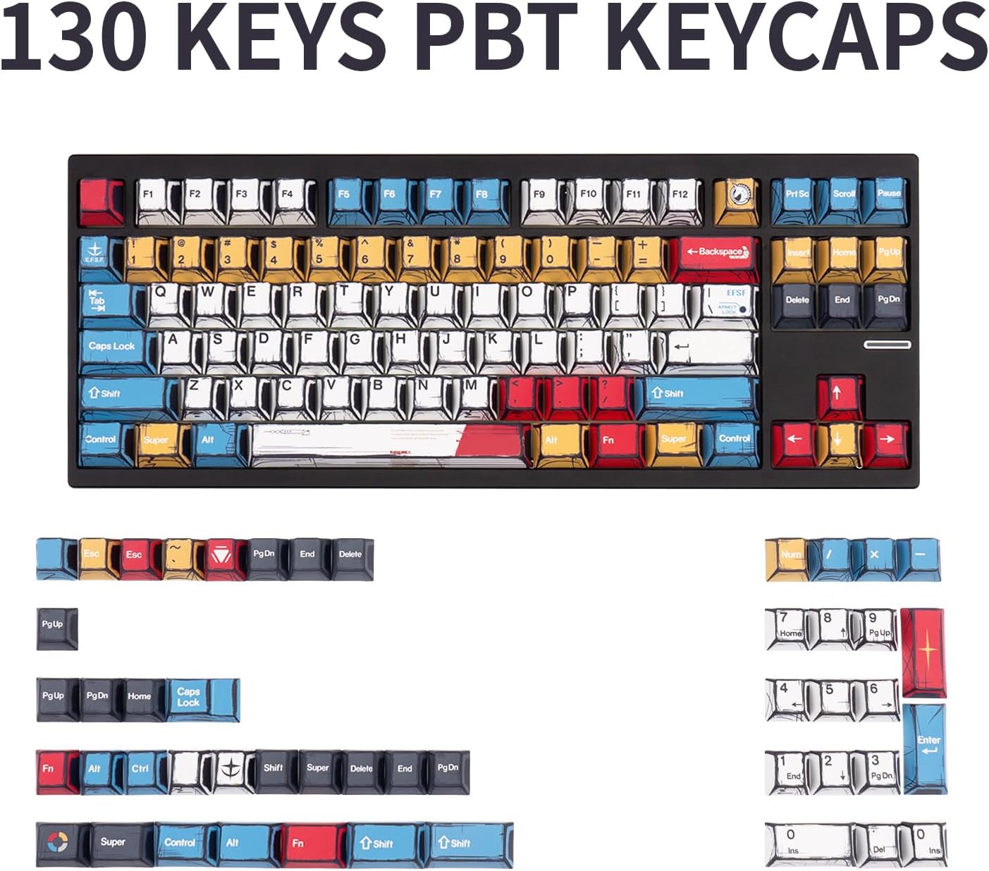 Manga PBT Keycaps - Cherry Profile, Dye Sublimation Custom Blue and White Anime Key Caps for 60% 65% 75% 100% Mechanical Gaming Keyboard, 150 Keys