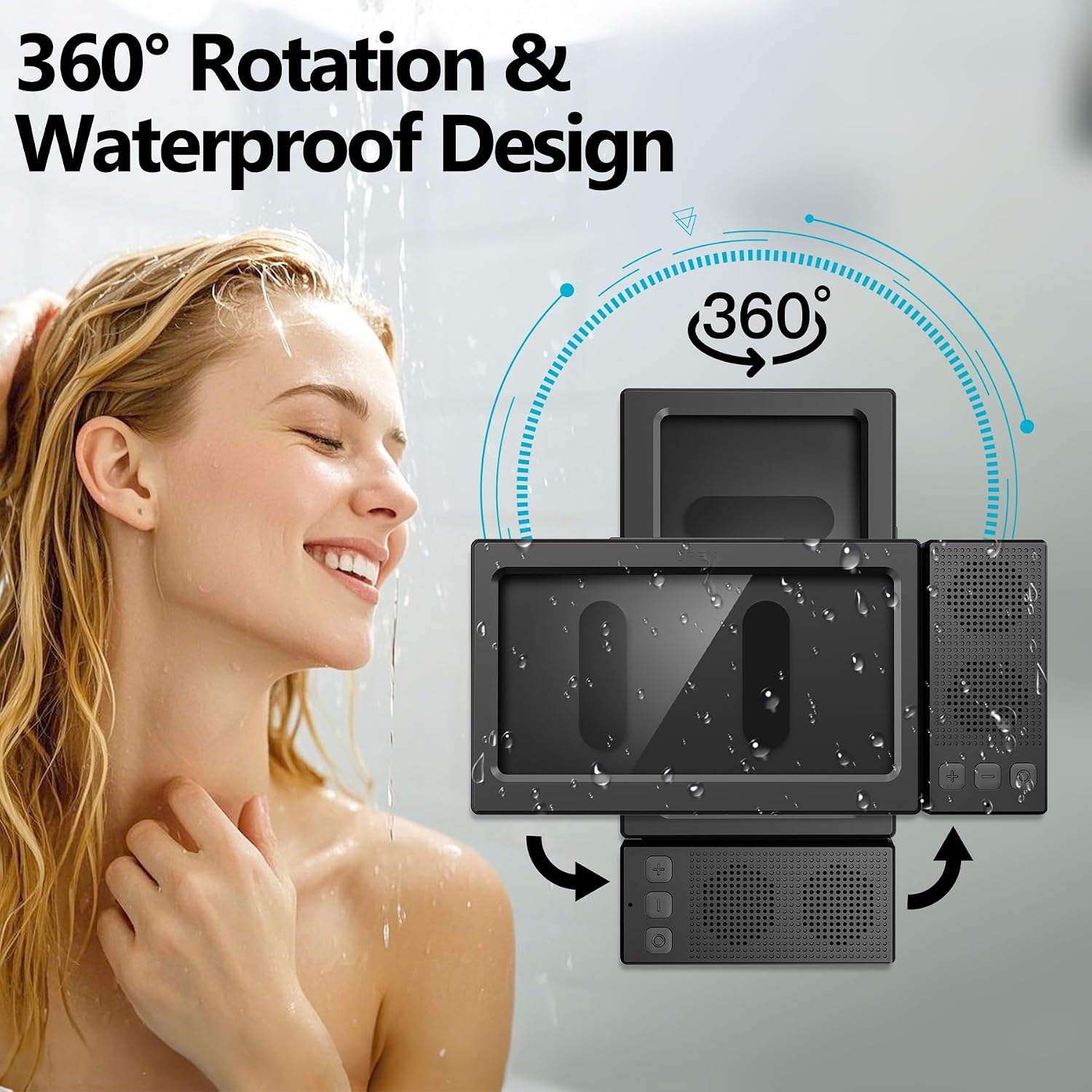 Shower Phone Holder with Wireless Bluetooth Speaker,- 480°Rotatable Retractable Adjustable Shower iPhone Case, Bathroom Wall Phone Stand Water Proof Anti Fog,Accessories for 4-7"Cellphones (Black)