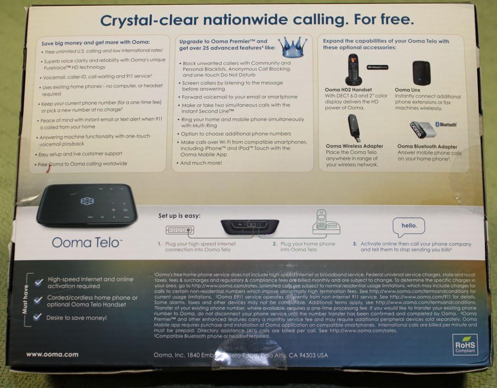 Ooma Telo 100-0210-100 with Bluetooth VoIP Phone and Device