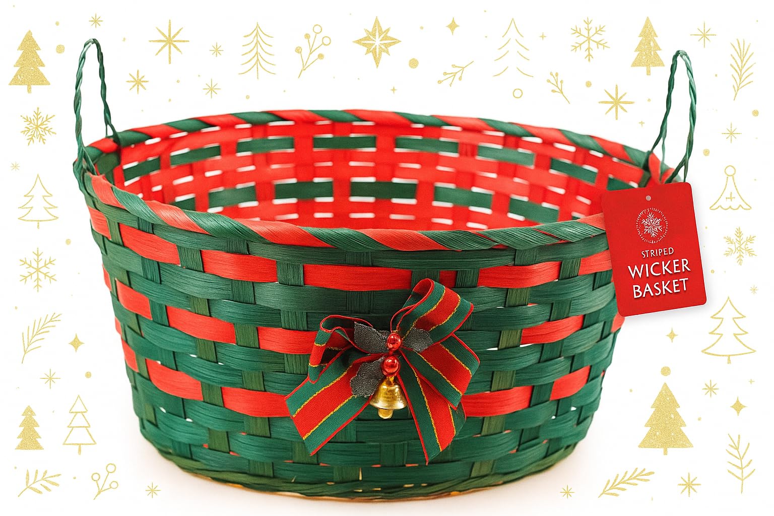 Striped Wicker Basket with Handle & Bell 30cm (Green stripped)