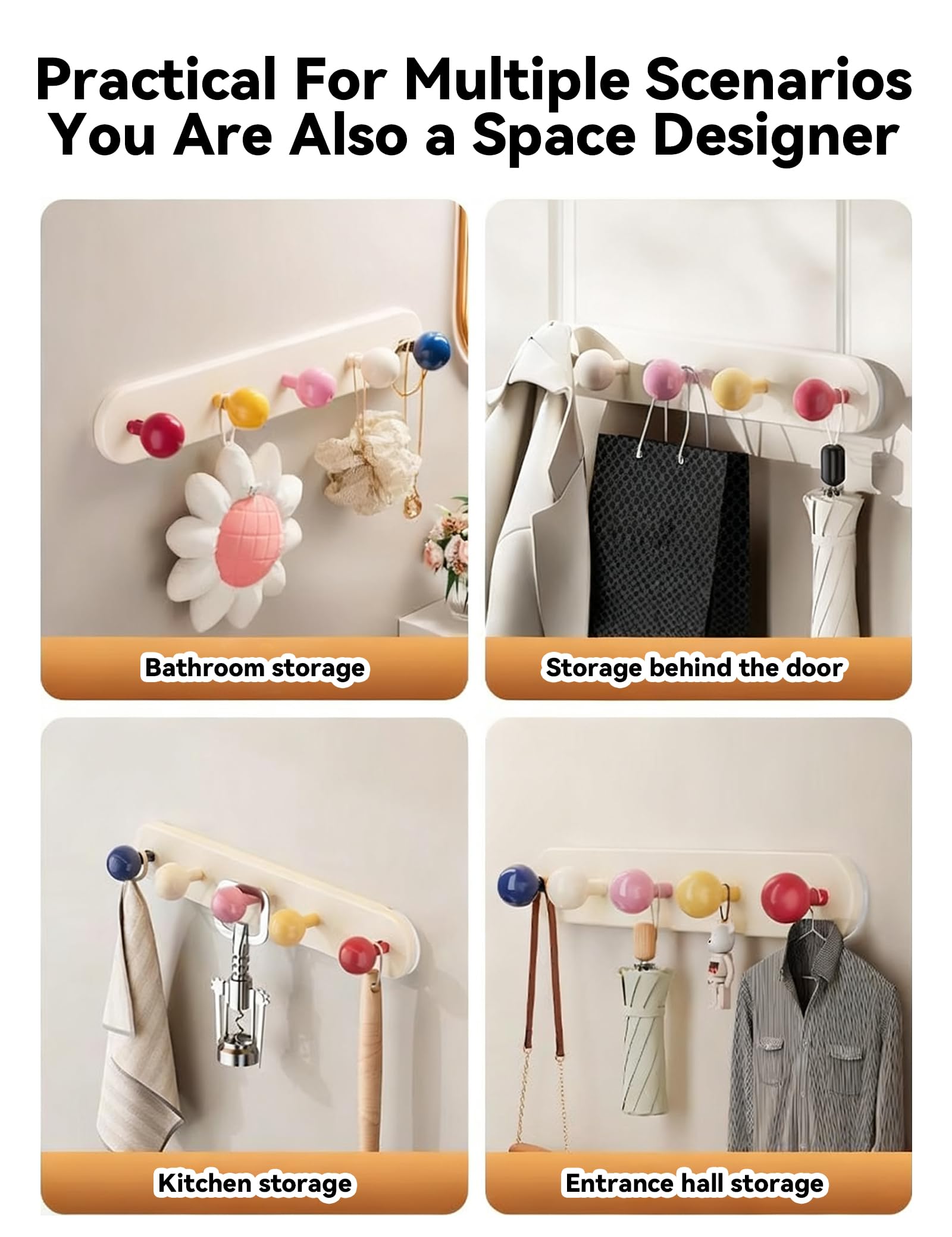 Kleiderhaken Kinder Garderobenhaken, Wandhaken Selbstklebend, Wand Hakenleiste mit 5 Haken, Hooks for Kids Room, Bunt