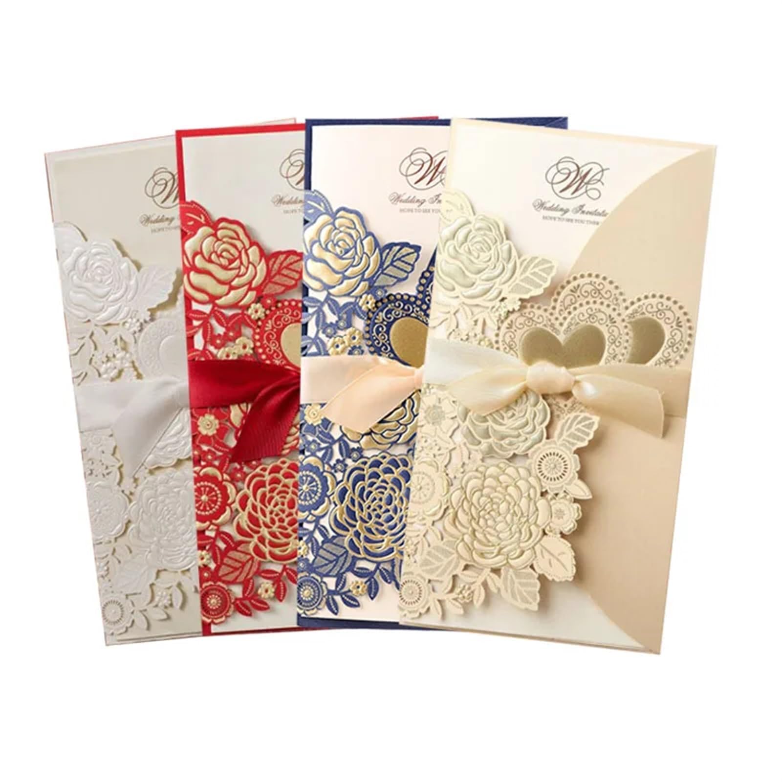 Hochzeitseinladungs-Set, Liebe Herz Hochzeitseinladungen Karte anpassen Band Multicolor Pack 5 oder 10 Stück(Gold Cover Insert,5pcs)