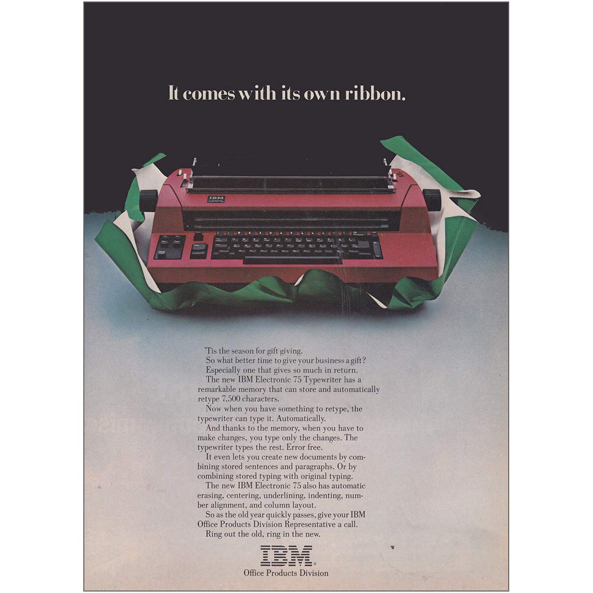 RelicPaper 1979 IBM Electronic 75 Typewriter Comes with Its Own Ribbon IBM Print Ad