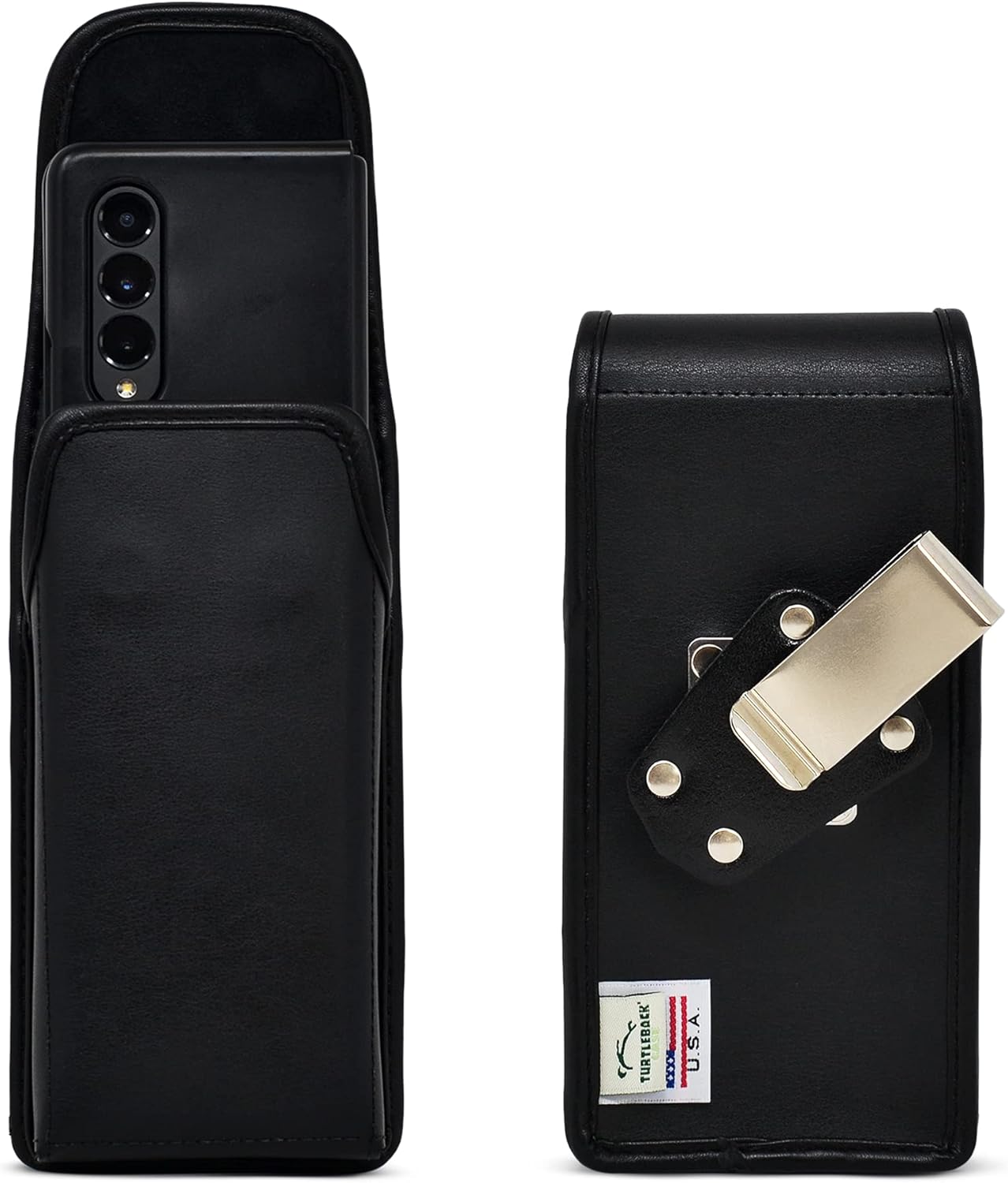 Turtleback Holster Designed for Galaxy Z Fold 3 (2021) with Thin Fit Case Horizontal Belt Case Black Leather Pouch with Executive Belt Clip,