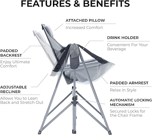 Miniatura 3 de Camphor Designs Silla hamaca portátil  Silla reclinable plegable con reposacabezas y soporte para bebidas  para exteriores y deportes playa césped