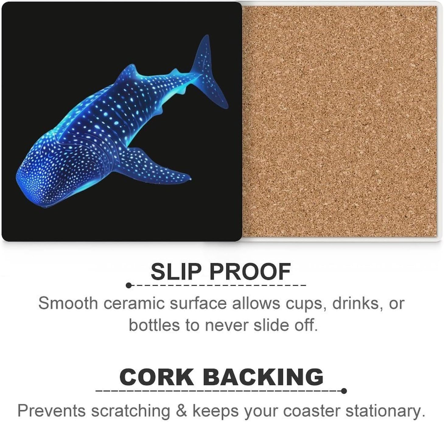 Shark Whale Big Fish Coaster for Drinks Square Ceramic Table Coasters Stone Mat Crafts 4PCS Home Kitchen Decor