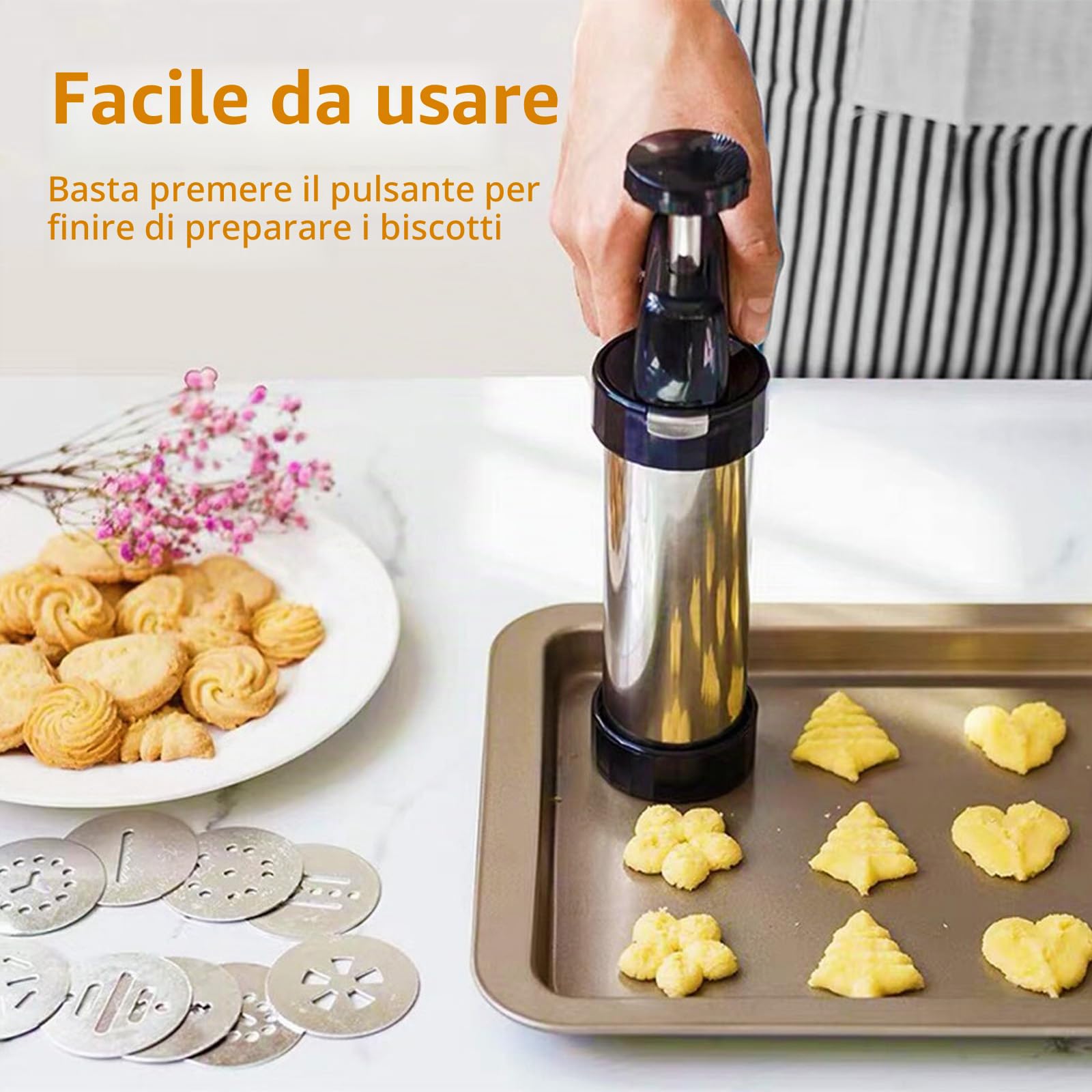 Pressa per Biscotti, Pistola per Dolci In Acciaio Inox Spara Biscotti Professionali con 16 Sagome, 8 Beccucci, Sacchetto in TPU e Spazzola per la Pulizia Pressa per Biscotti per Torte