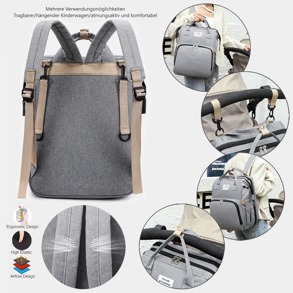 Sac à Dos à Langer pour Bébé,Sac de Voyage avec Lit de Bébé Portable,Grande Capacité Sac à Couches Multifonction Imperméable,2 Sangles de Poussette,pour Biberon Sac à Dos (Gris)