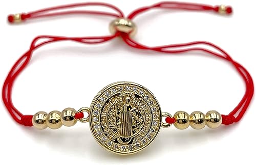 St Benedict Medal Protection Bracelet for Women - Adjustable Red String with Mini Zircons Bead - Christian Jewelry