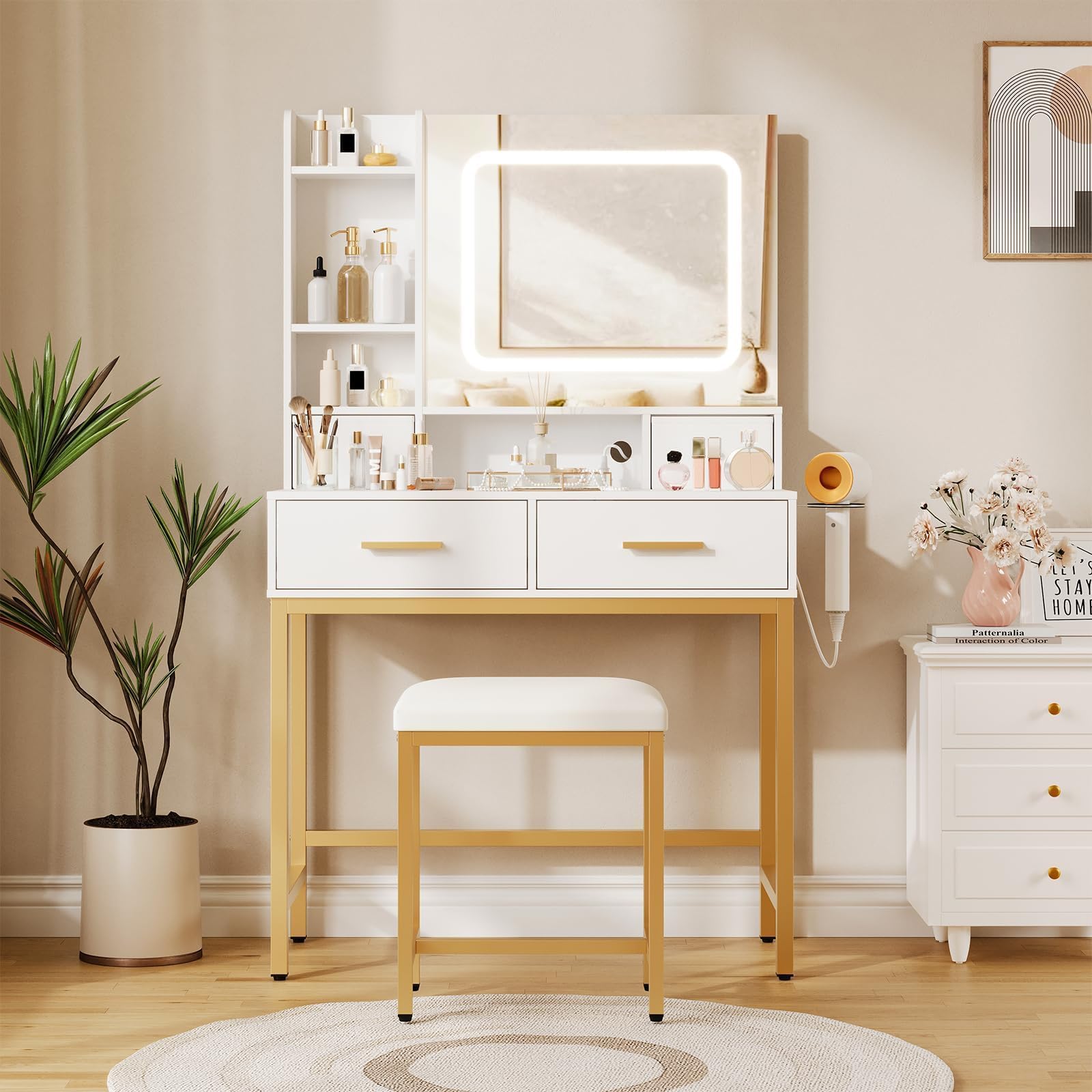 Garvee Tocador de Maquillaje LED Espejo 4 Cajones Carga USB con Taburete