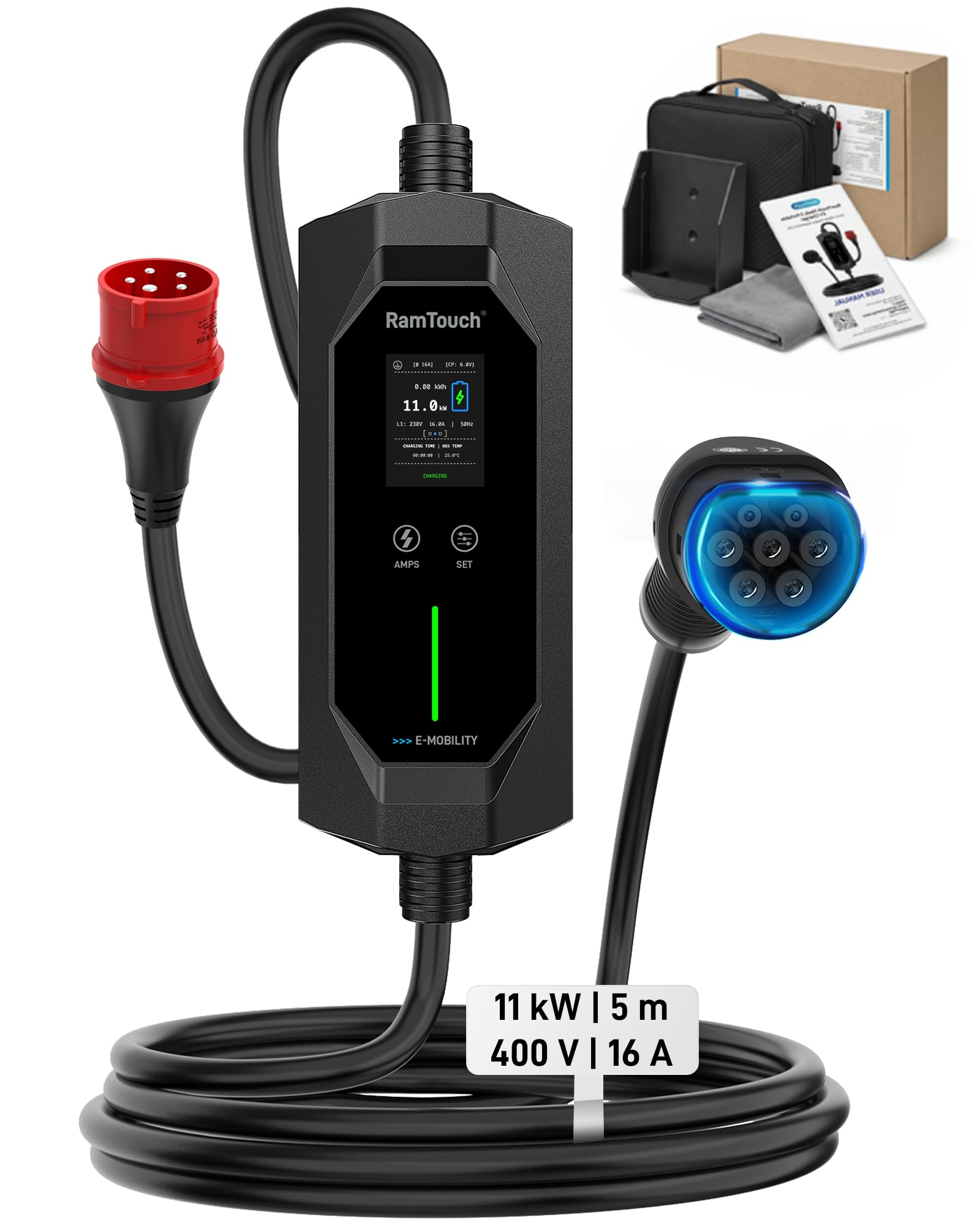 Cargador Coche Eléctrico 11 kW, 16 A, 5 m | CEE Rojo 5P a Tipo 2 | Trifásico | IP67 | 6–16 A | Timer + inicio diferido | LCD 2,4" | RCD CA/CC | Cable Modo 2 / wallbox móvil | para VE y PHEV