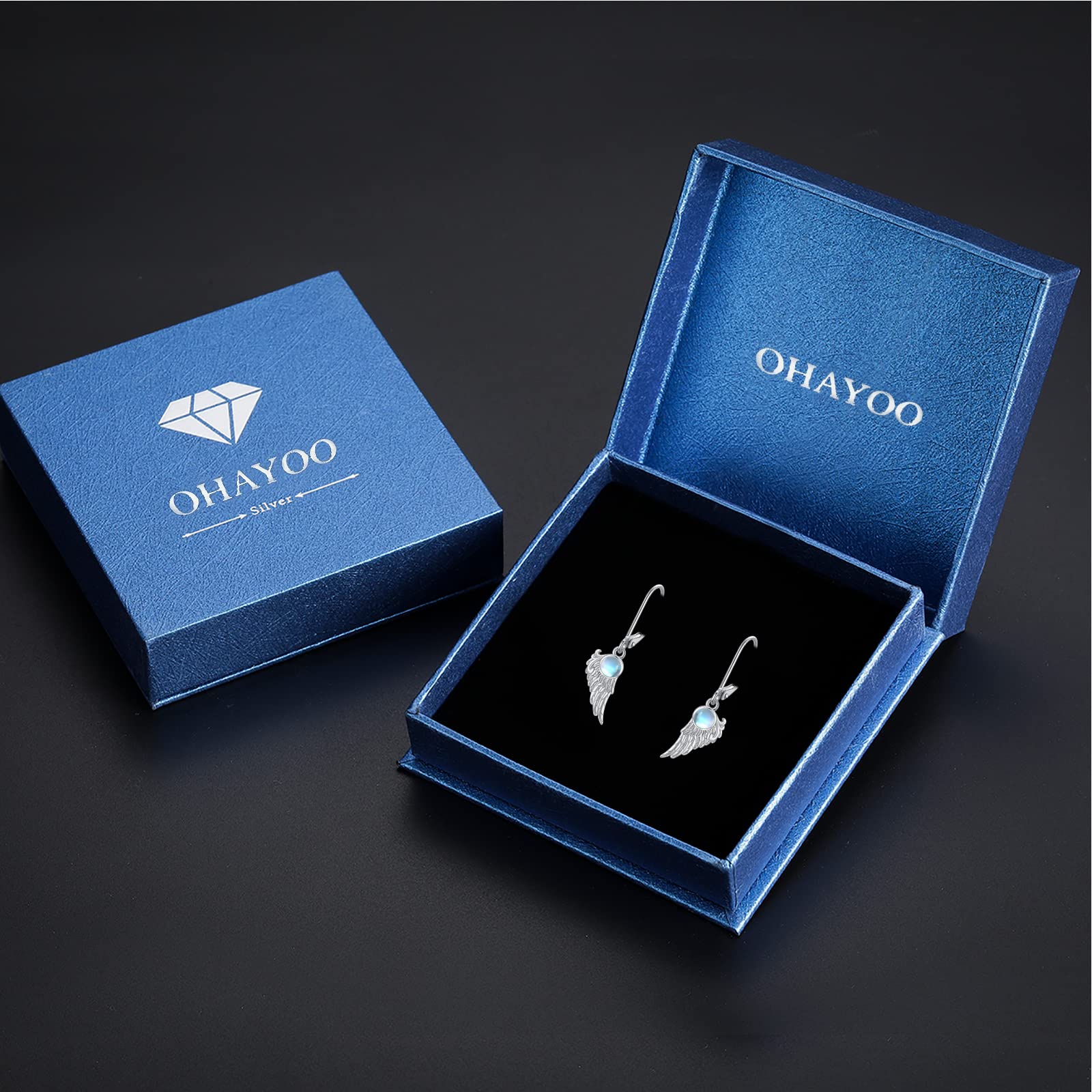 Pendientes de alas de ángel de plata de ley 925 con alas de ángel de la guarda, aretes colgantes de ángel de la guarda con piedra lunar, regalos de joyería para mujeres y niñas