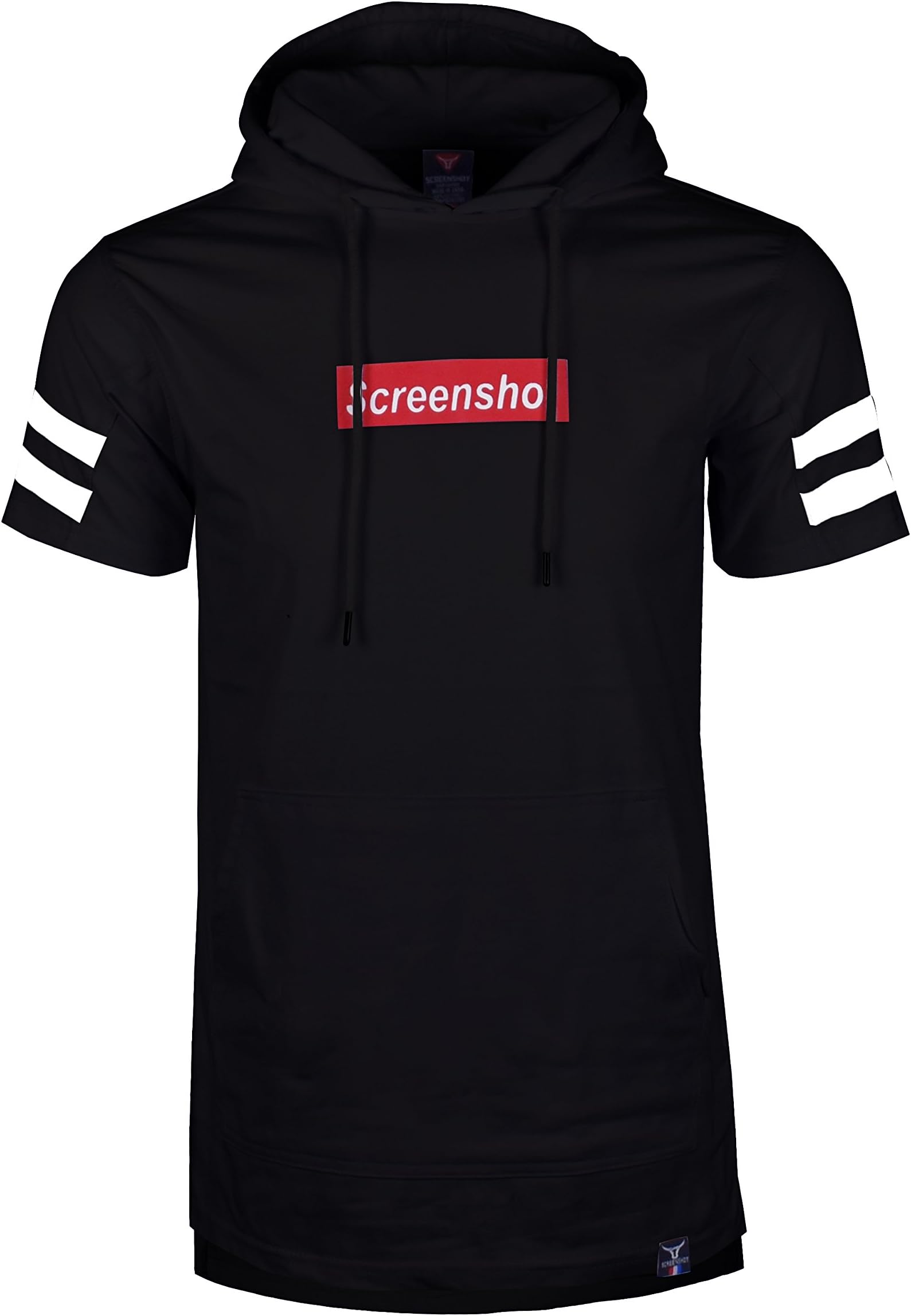 SCREENSHOTBRAND-S11809 Mens Hip Hop Longline Premium Tee - Pullover Short Sleeve Fashion Hooded Shirt High-Low Logo Print-Black-2XLarge