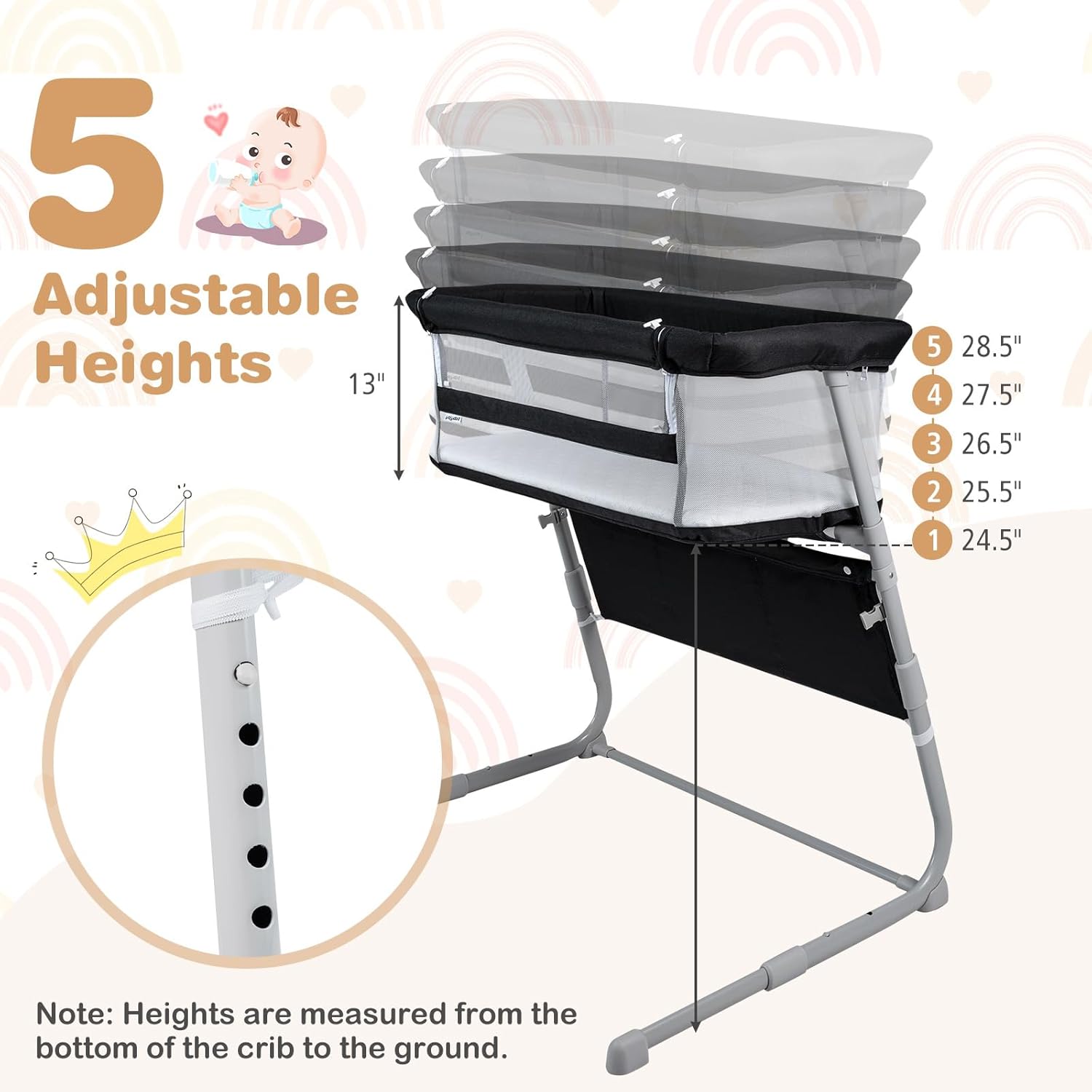 BABY JOY Bassinet, Bedside Crib w/Adjustable Height, Comfy Mattress, Full-Mesh Sides and Storage Pockets for Newborns Infants, Baby Bassinets Bedside Sleeper for Safe Co-Sleeping (Black)